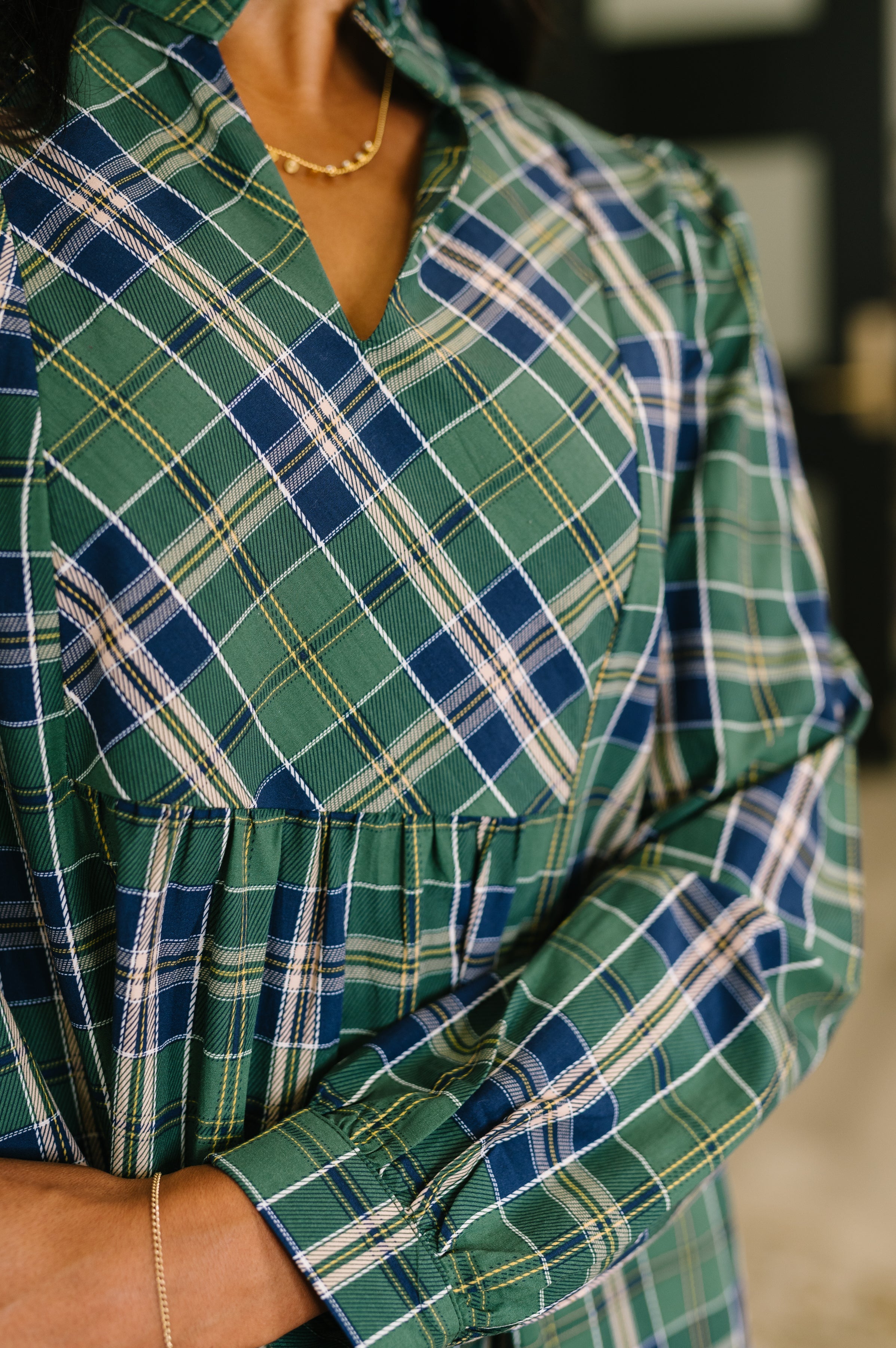 Plaid Perspective Split Neck Long Sleeve Dress - Charming Charlie