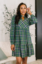 Plaid Perspective Split Neck Long Sleeve Dress - Charming Charlie