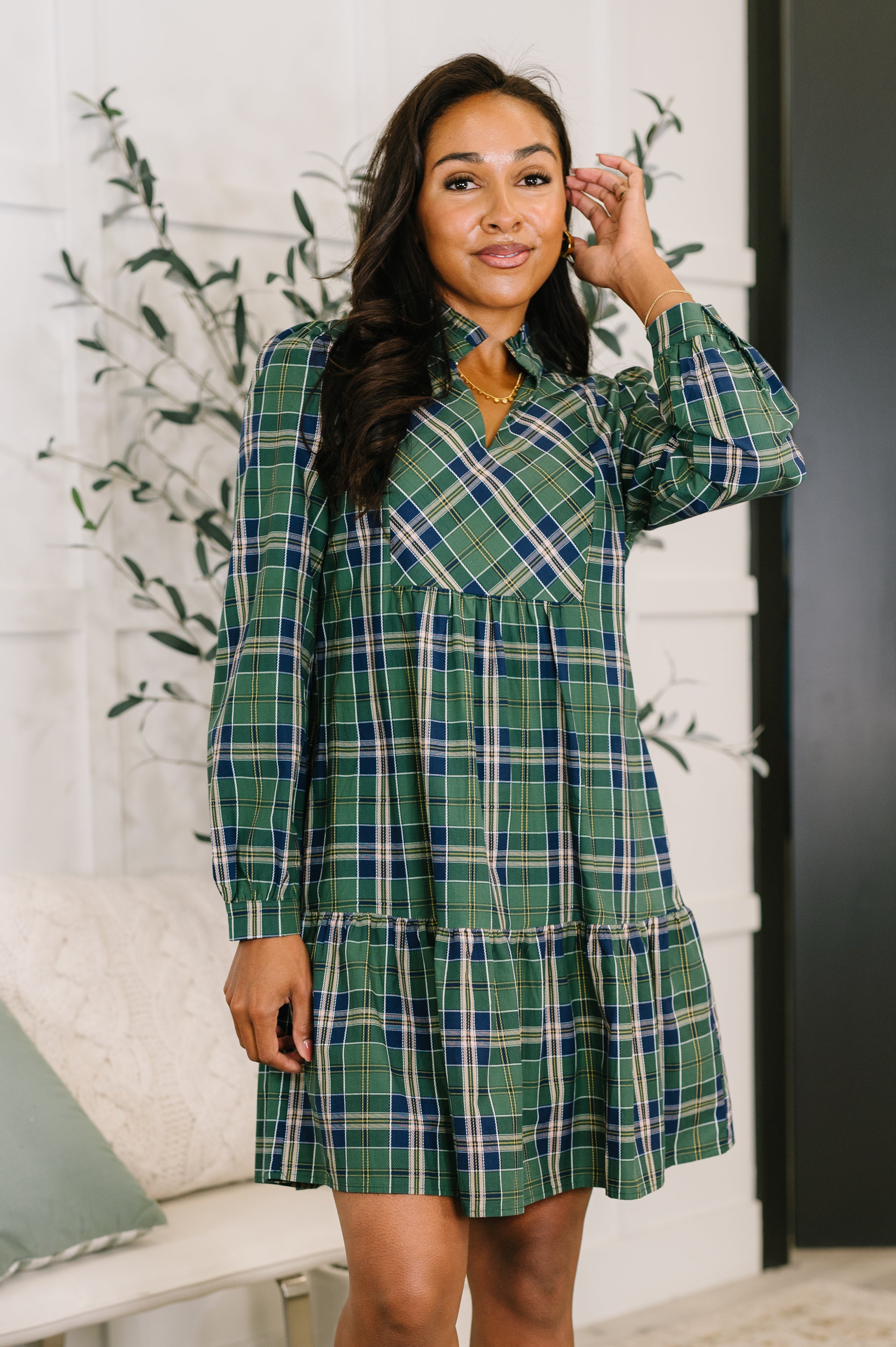 Plaid Perspective Split Neck Long Sleeve Dress - Charming Charlie
