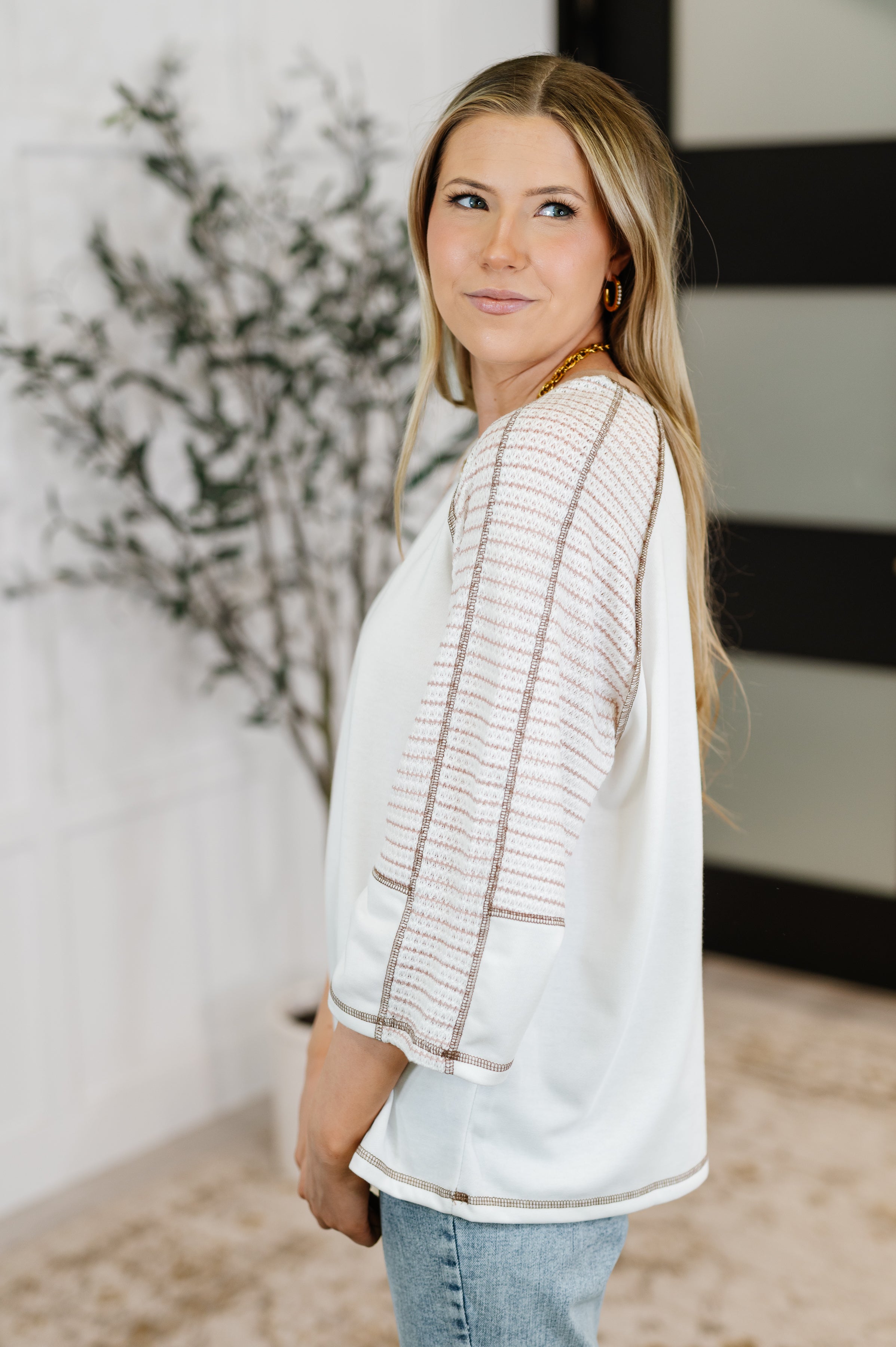 Preoccupied Striped Sleeve Top in Tan - Charming Charlie
