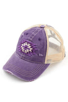Purple C.C Aztec Patch Mesh Ponycap offers a stylish and breathable option for your outdoor activities. With its unique mesh design and eye-catching Aztec patch, this ponycap provides both fashion and functionality. Stay cool and trendy while protecting your head and face from the sun.