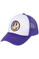 Purple C.C Lightning Bolt Eyes Smiley Face Trucker Cap is a fun and stylish accessory for any outfit. With its unique lightning bolt eye design and breathable mesh back, you'll not only look great but also stay cool and comfortable. Perfect for adding a touch of personality to your everyday look.