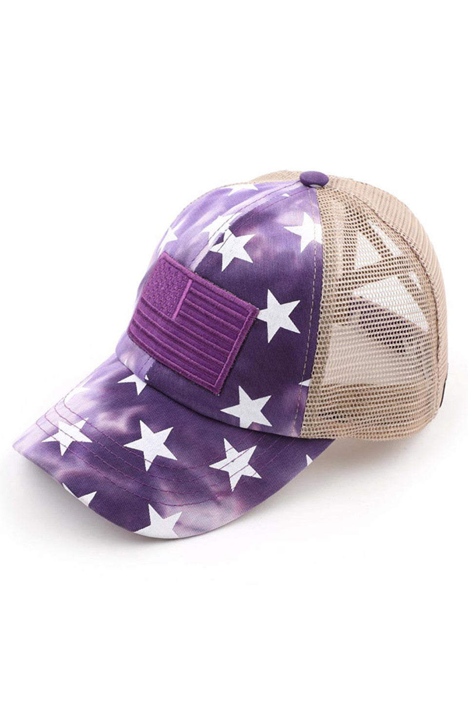 Purple C.C TIE DIE STAR American Flag CRISS-CROSS PONYCAP is a must-have for any patriotic individual. With a unique tie-dye star design and a criss-cross ponytail opening, it combines style and functionality. Made with high-quality materials, it offers both comfort and durability. Perfect for showing off your American pride in a fashionable way.
