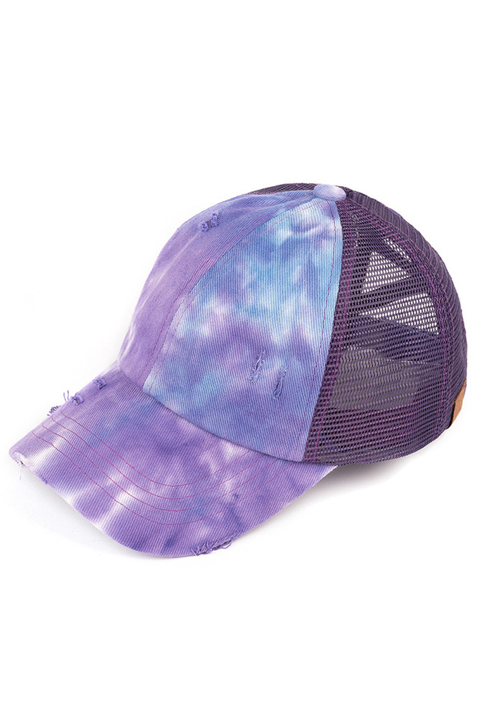 Purple C.C TIE DYE CRISS-CROSS MESH PONYCAP is a trendy and stylish addition to any outfit. With its unique tie-dye design and criss-cross mesh detailing, it's sure to turn heads. Made with high-quality materials, this ponytail cap provides both comfort and style. Perfect for any fashion-forward individual looking to make a statement.