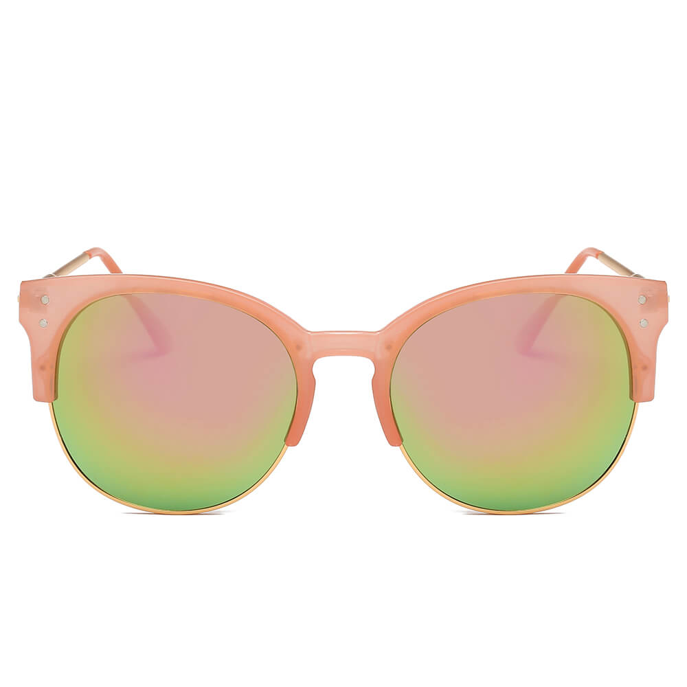 ABANDA | D68 - Round Mirrored Flat Lens Half Frame Sunglasses Circle - Cramilo Eyewear - Stylish Trendy Affordable Sunglasses Clear Glasses Eye Wear Fashion