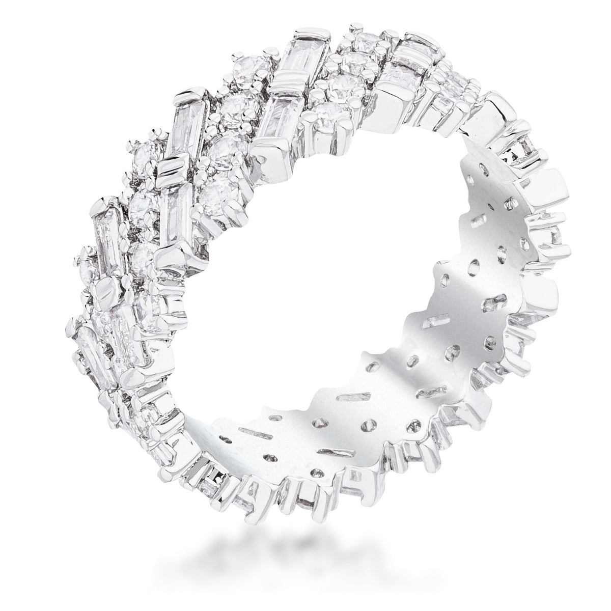 Rhodium Plated Clear CZ Alternating Baguette Round Eternity Band - Charming Charlie