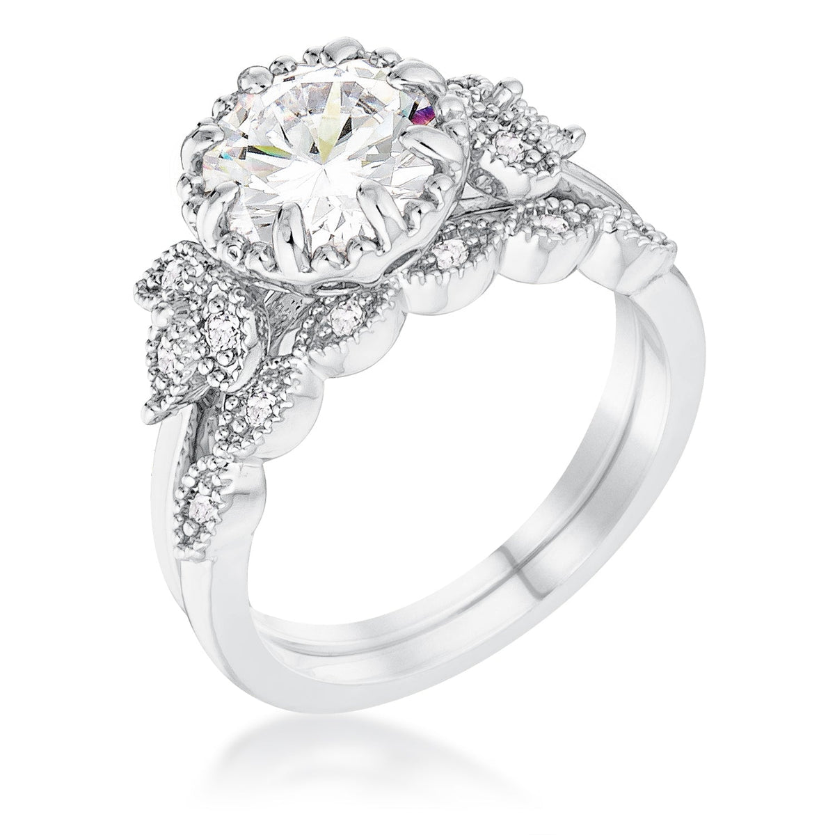 2.25Ct. Rhodium Plated Trio Laurel Leaf Engagement Set - Charming Charlie