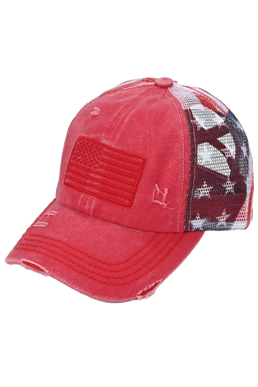 C.C American Flag Mesh Back Trucker Hat Pony Cap - Red(Main) - Pony Cap