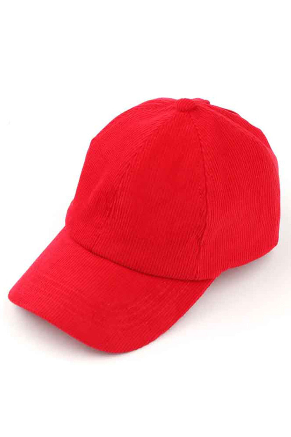 Red CORDUROY CRISS CROSS PONY CAP combines comfort and style with its soft corduroy material and unique criss cross design. Keep your hair in place and add a touch of sophistication to any outfit. A must-have accessory for any fashion-forward individual.