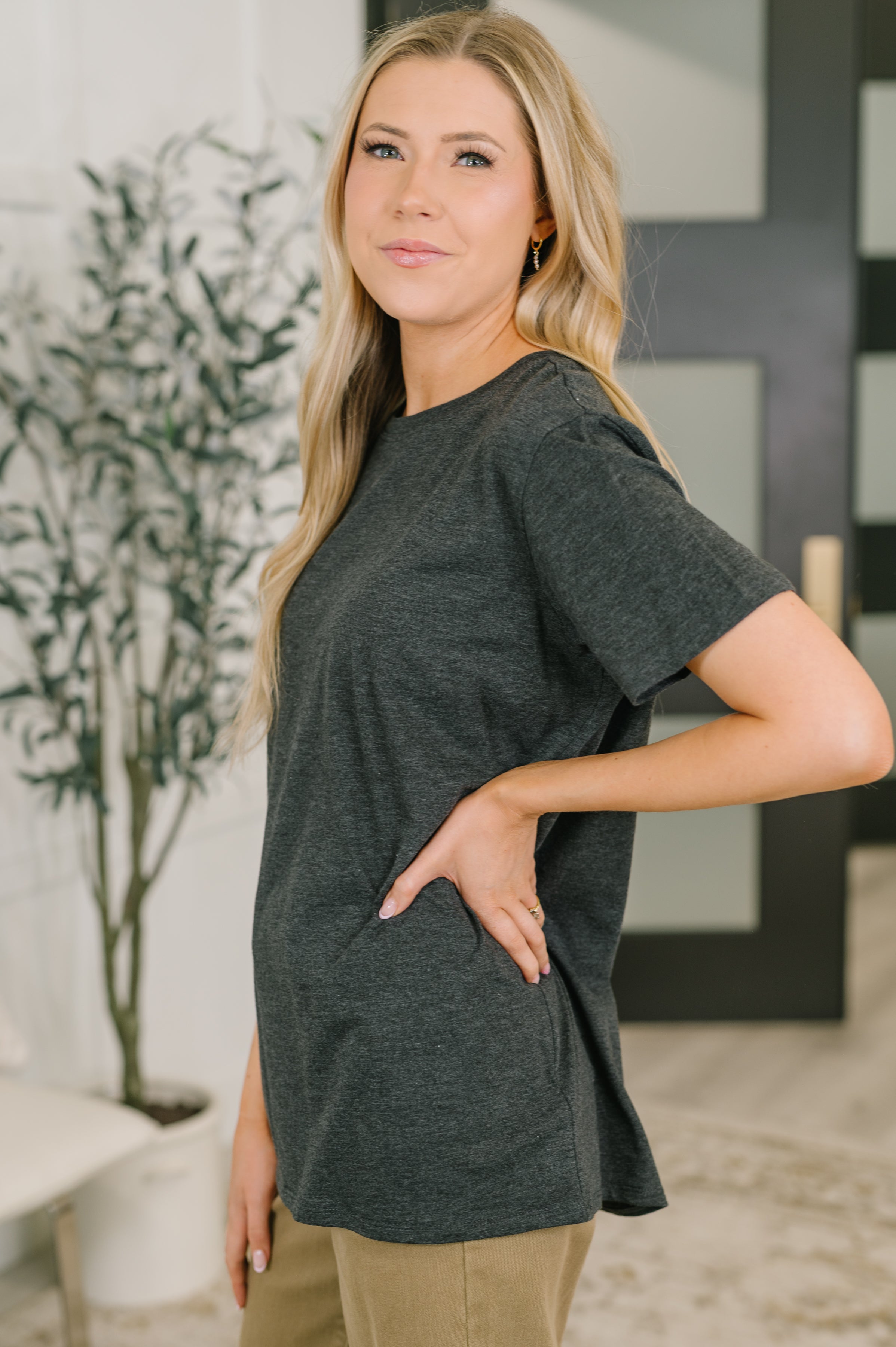 Rest Assured Basic Relaxed Tee in Charcoal - Charming Charlie