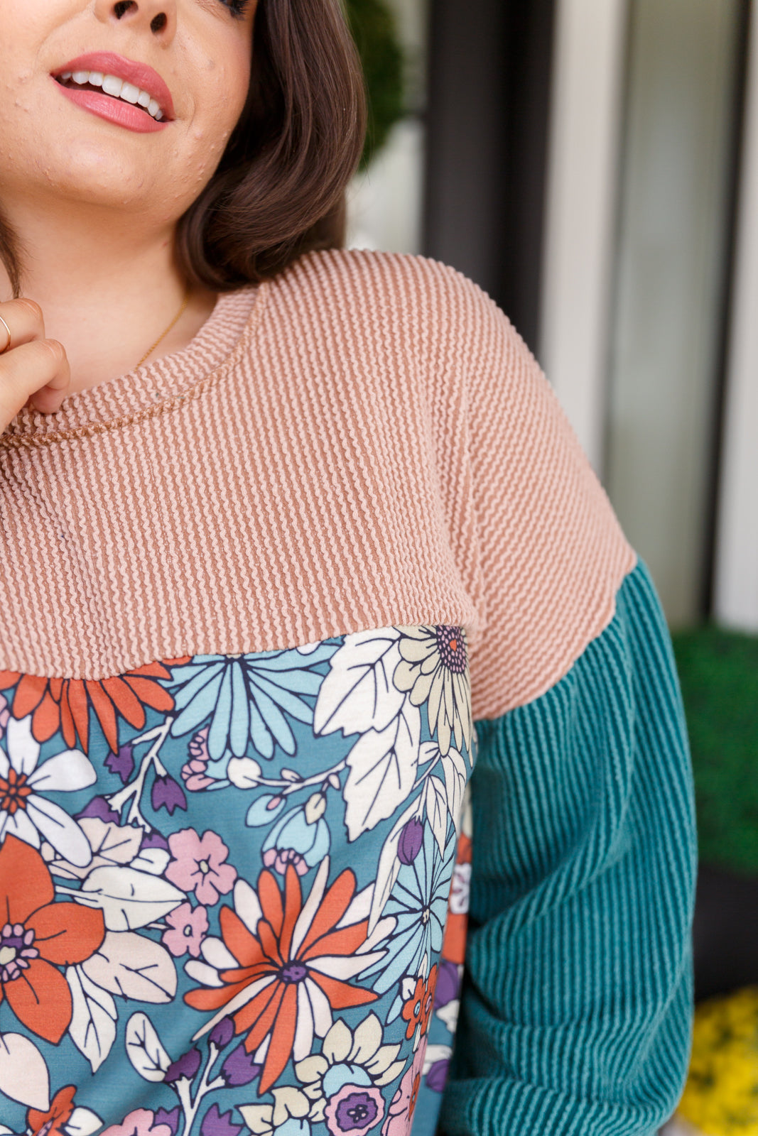 Retro and Ribbed Floral Color Block Top - Charming Charlie