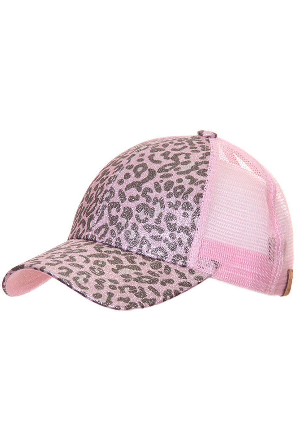 Rose-Pink C.C LEOPARD GLITTER PONY TRUCKER CAP is the perfect accessory to add a touch of style to any outfit. With its trendy leopard print and glitter accents, this cap is sure to make a statement. The ponytail opening design allows for comfortable wear with any hairstyle.