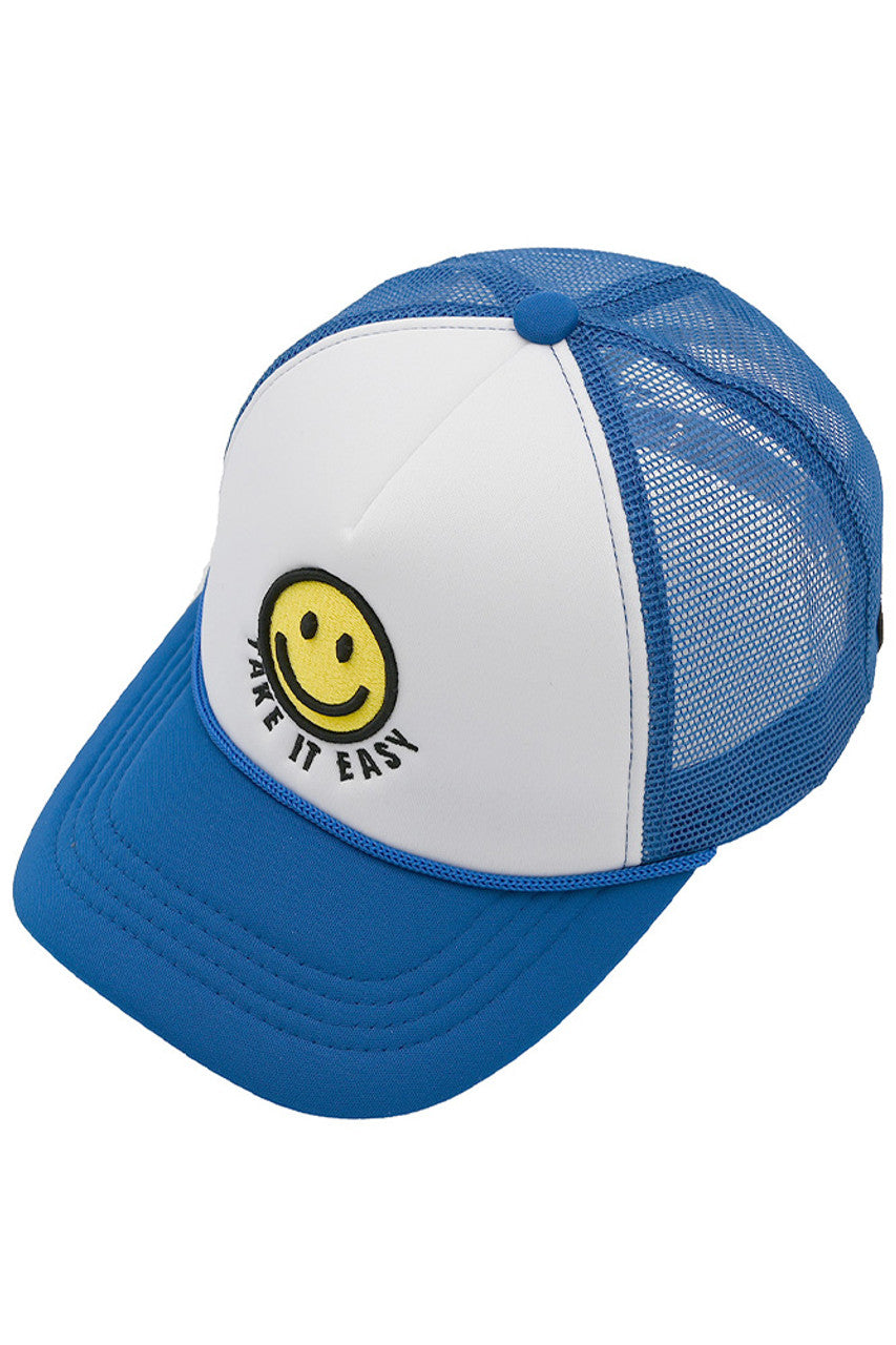 Royal C.C TAKE IT EASY Smiley Face Trucker Cap is the perfect addition to your casual wardrobe. Made with durable materials, this cap offers a comfortable fit and features a fun smiley face design. Stay cool and stylish while protecting your face from the sun