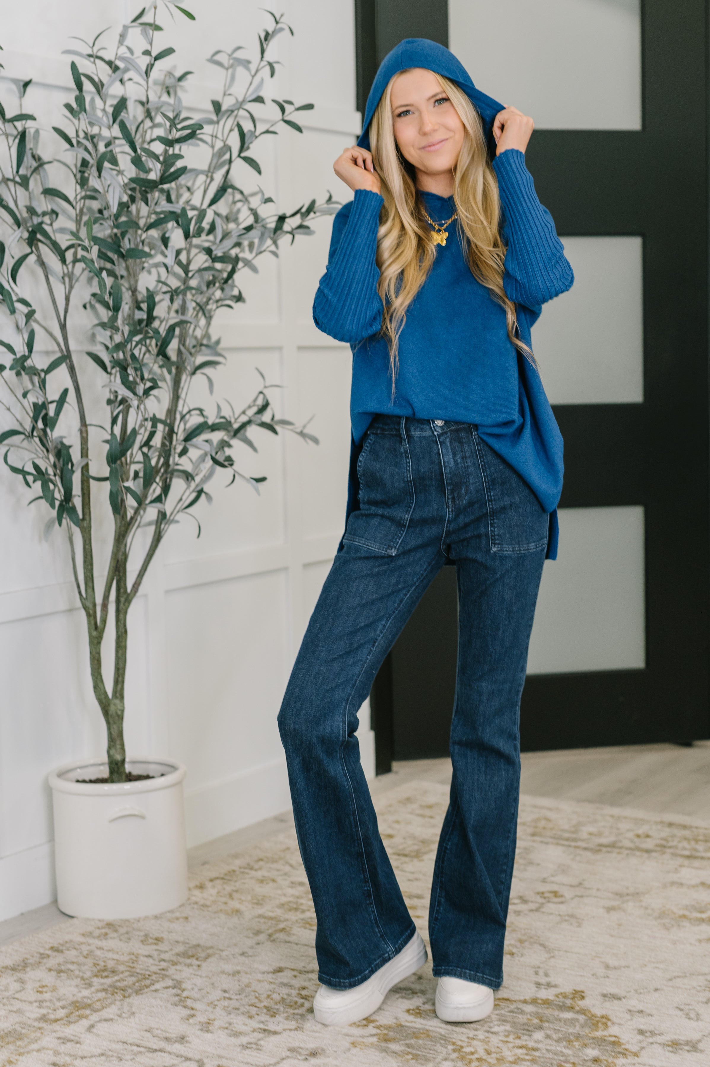 Running Late Hooded Long Sleeve in Light Navy - Charming Charlie