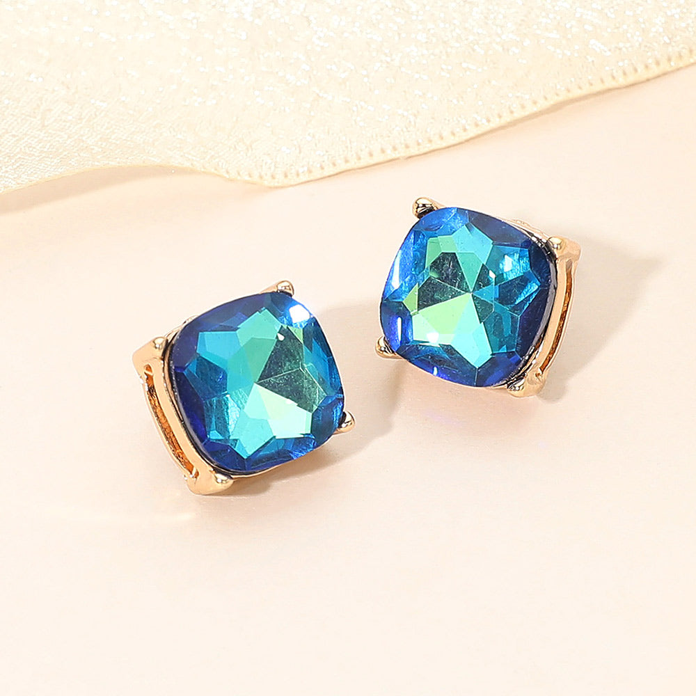Madeline Love Blue, Dark, Gold Square Cushion Stud Earrings