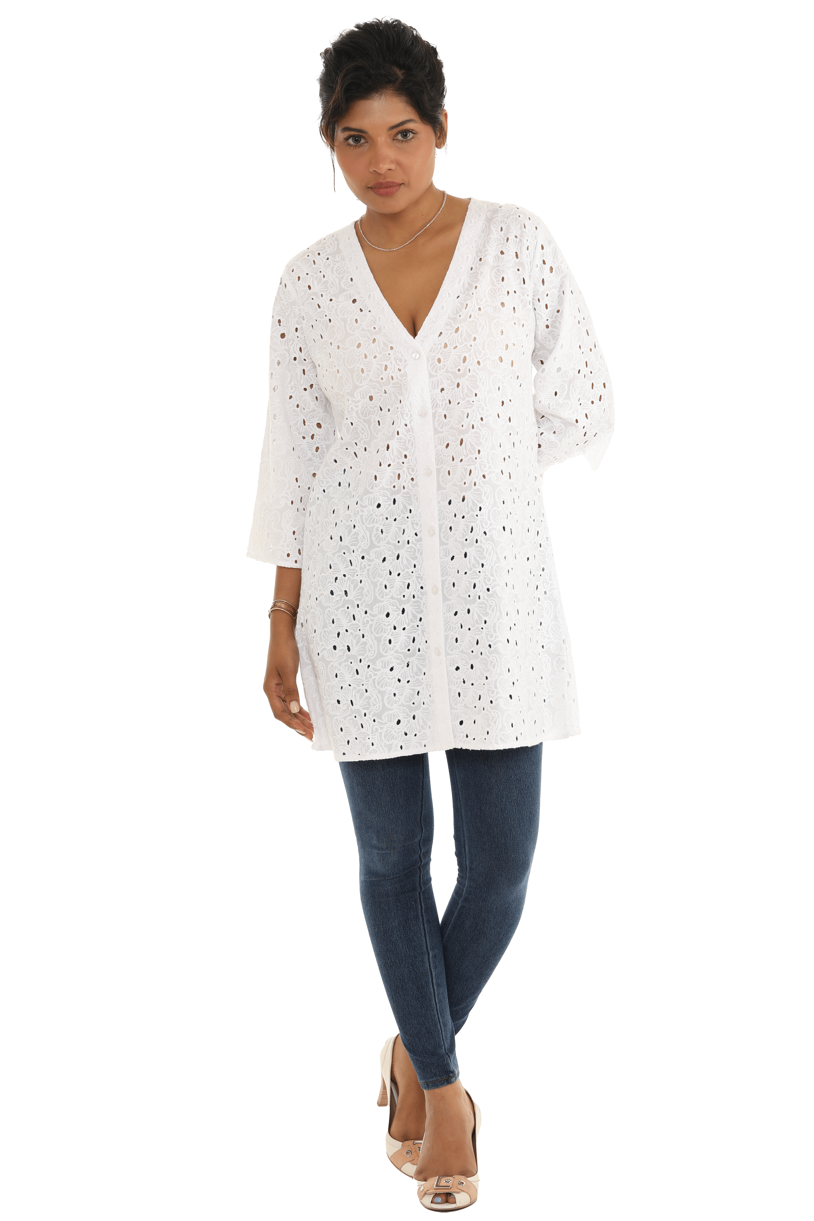 White Eyelet Fabric Button Shirt - Shoreline Wear, Inc.