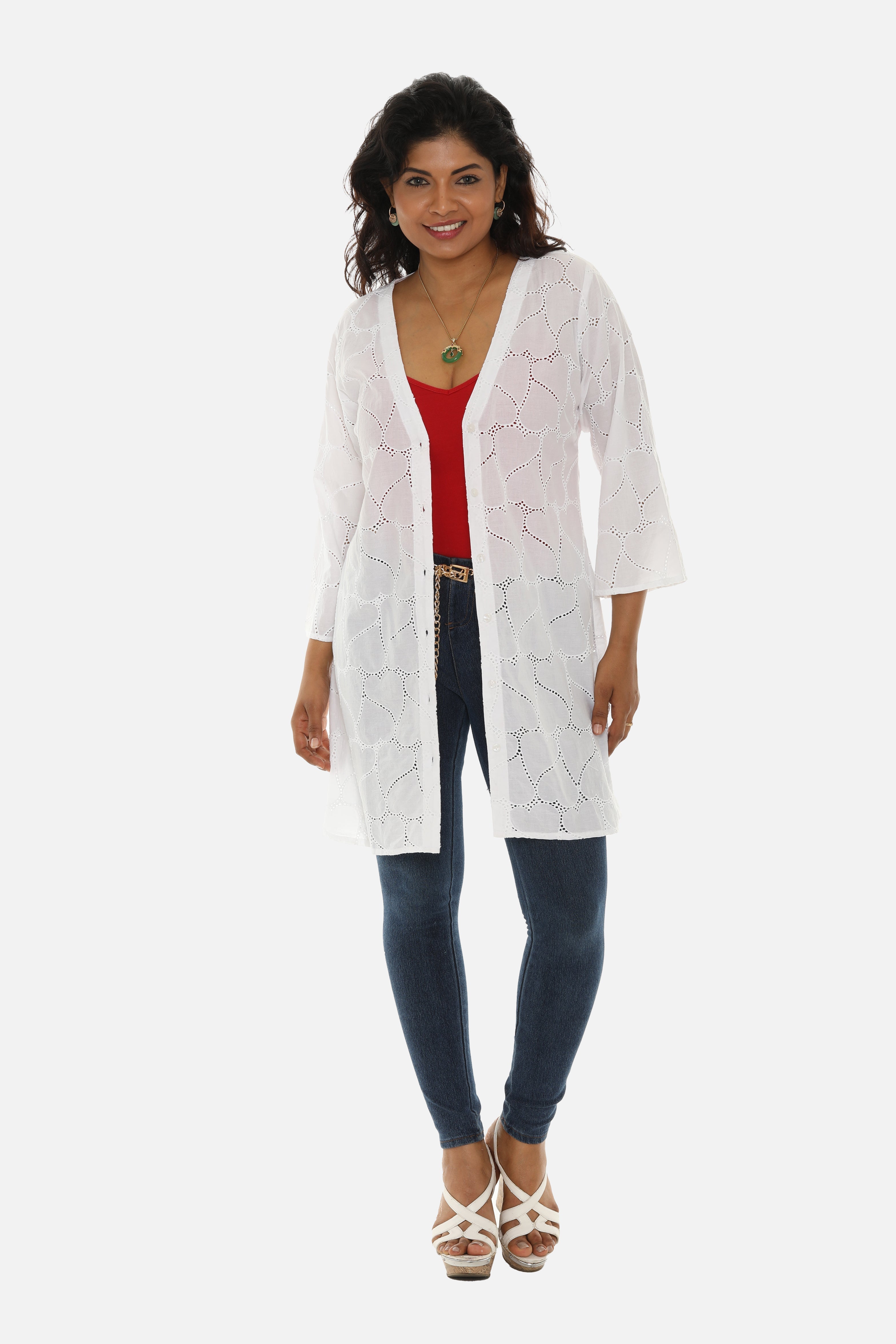 V-Neck Eyelet Button Down Women Shirts