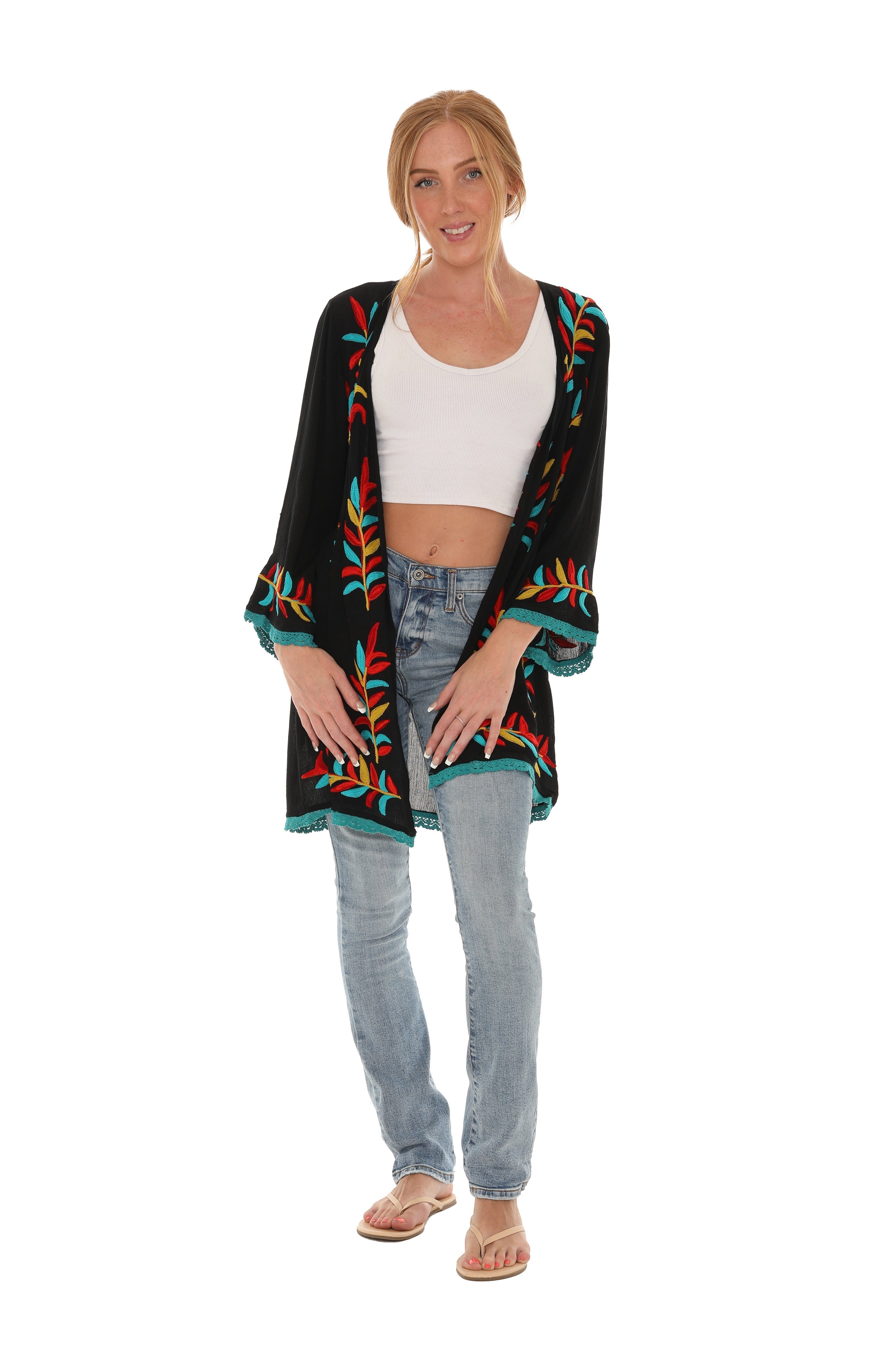 Leaf Embroidery Eyelet-Trim Open Cardigan - Shoreline Wear, Inc.