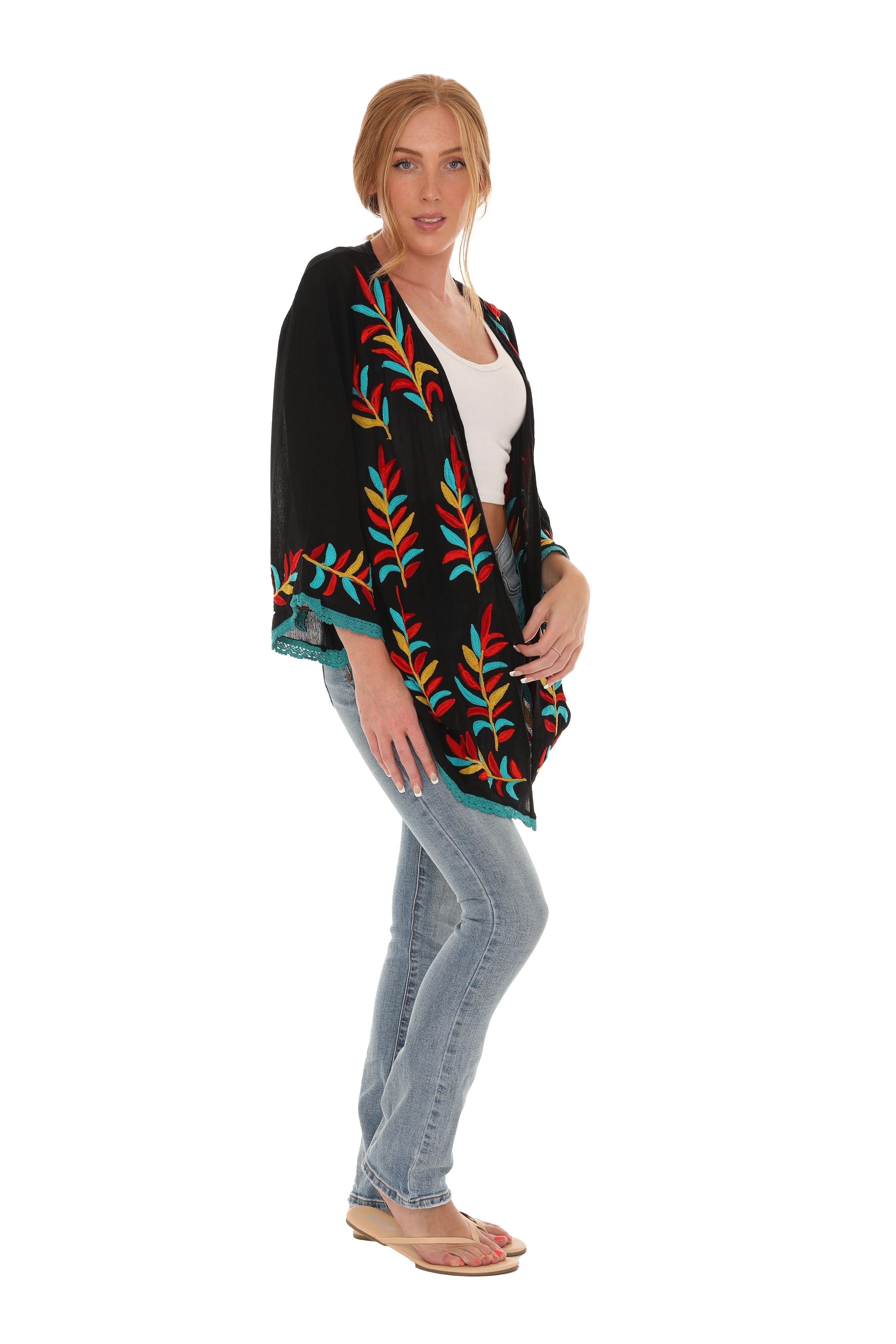 Leaf Embroidery Eyelet-Trim Open Cardigan - Shoreline Wear, Inc.