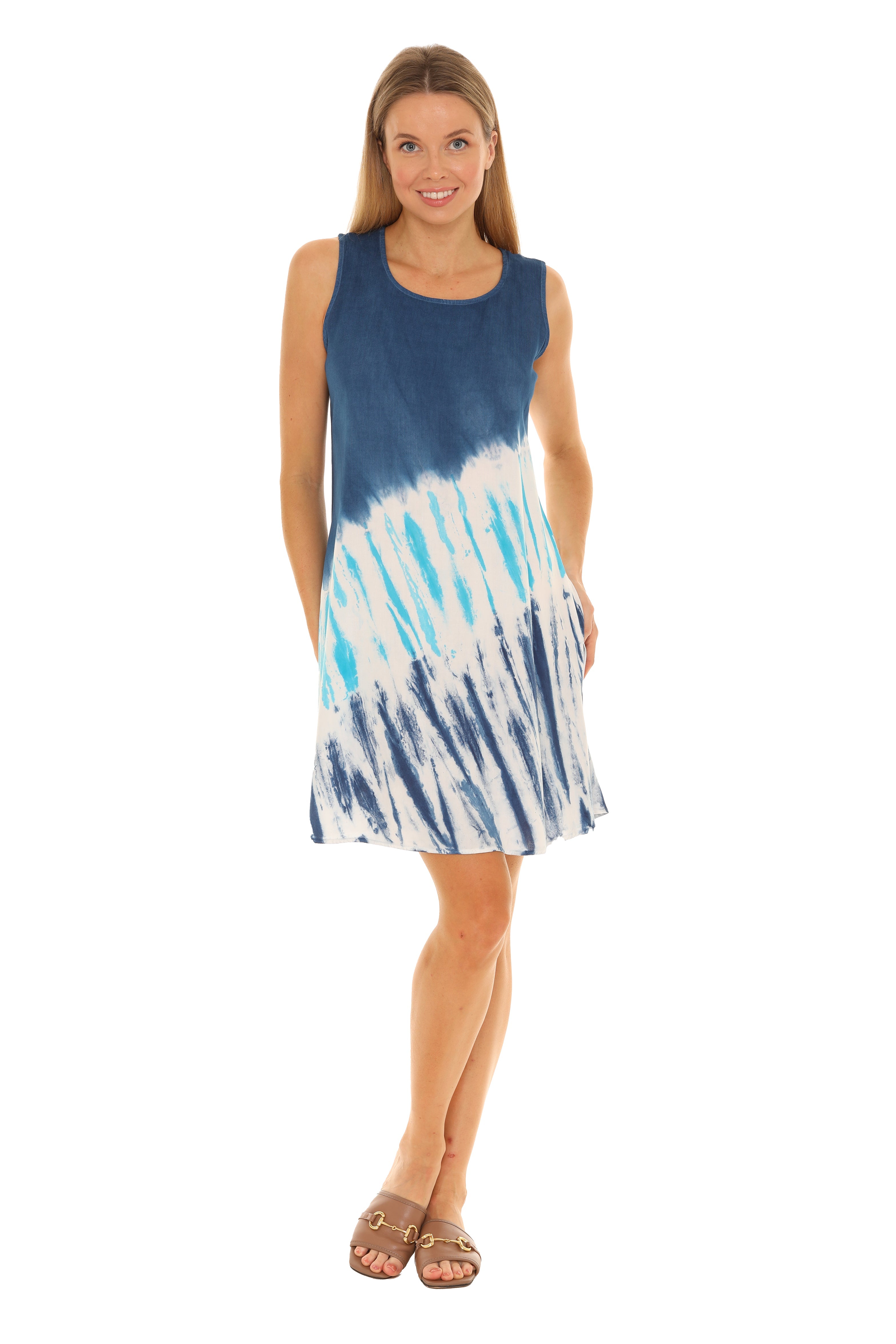 Rayon Jaggered Pattern Tie Dye Sleeveless Dress