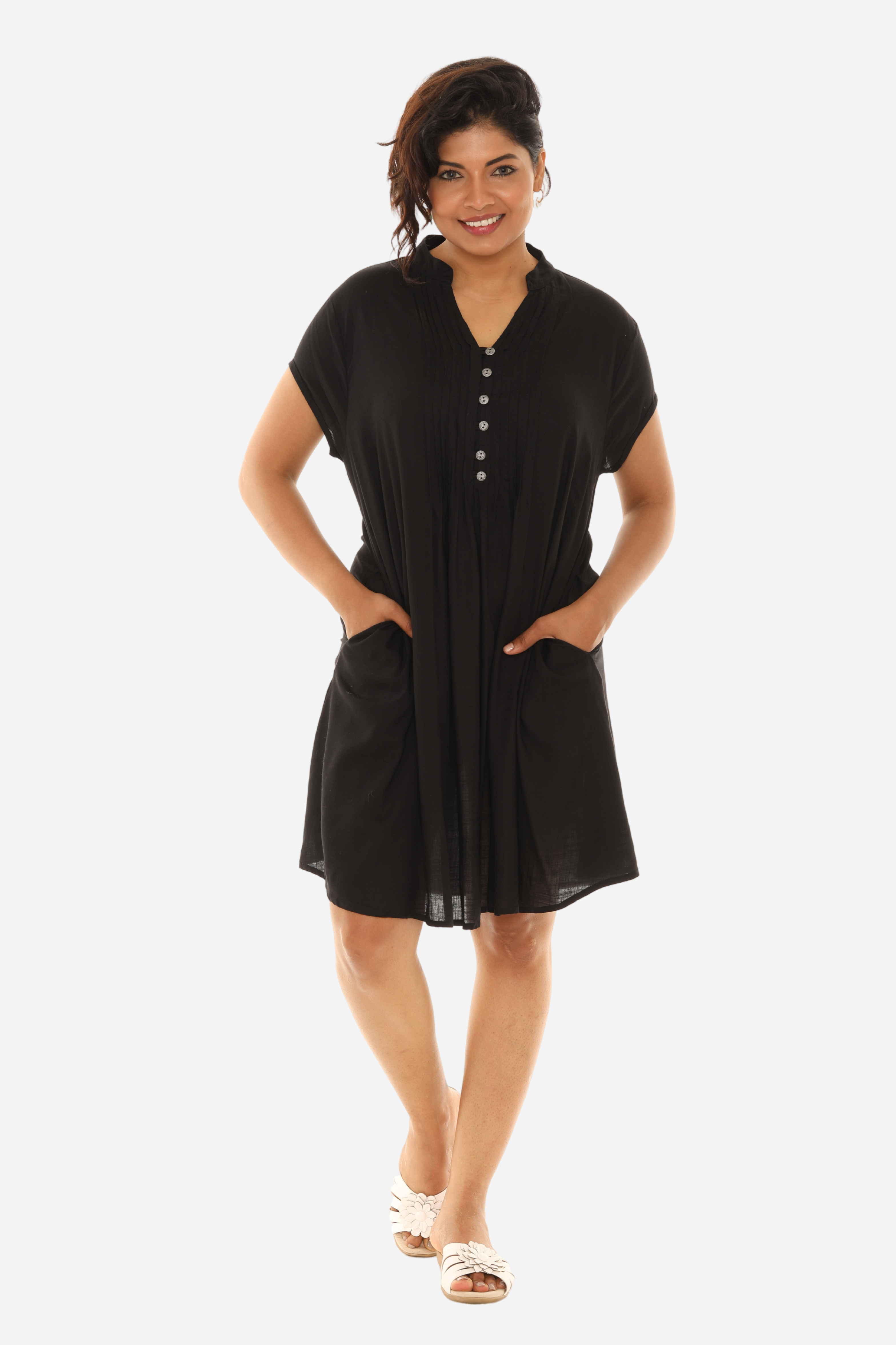 Collar Pocket Button-Front Shift Dress