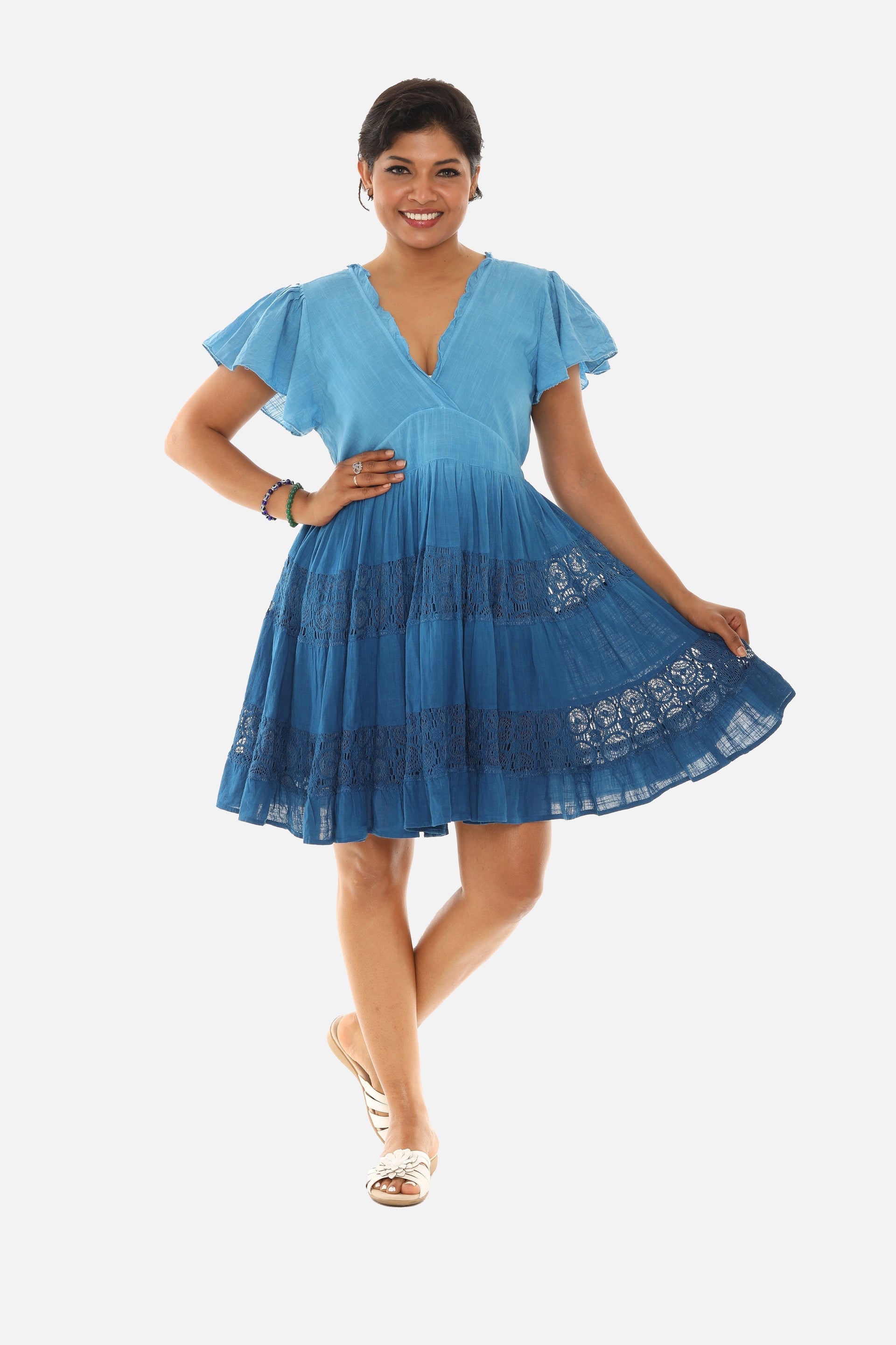 Ombré Lace Flutter-Sleeve Empire-Waist Dress M / Blue/Dark Blue