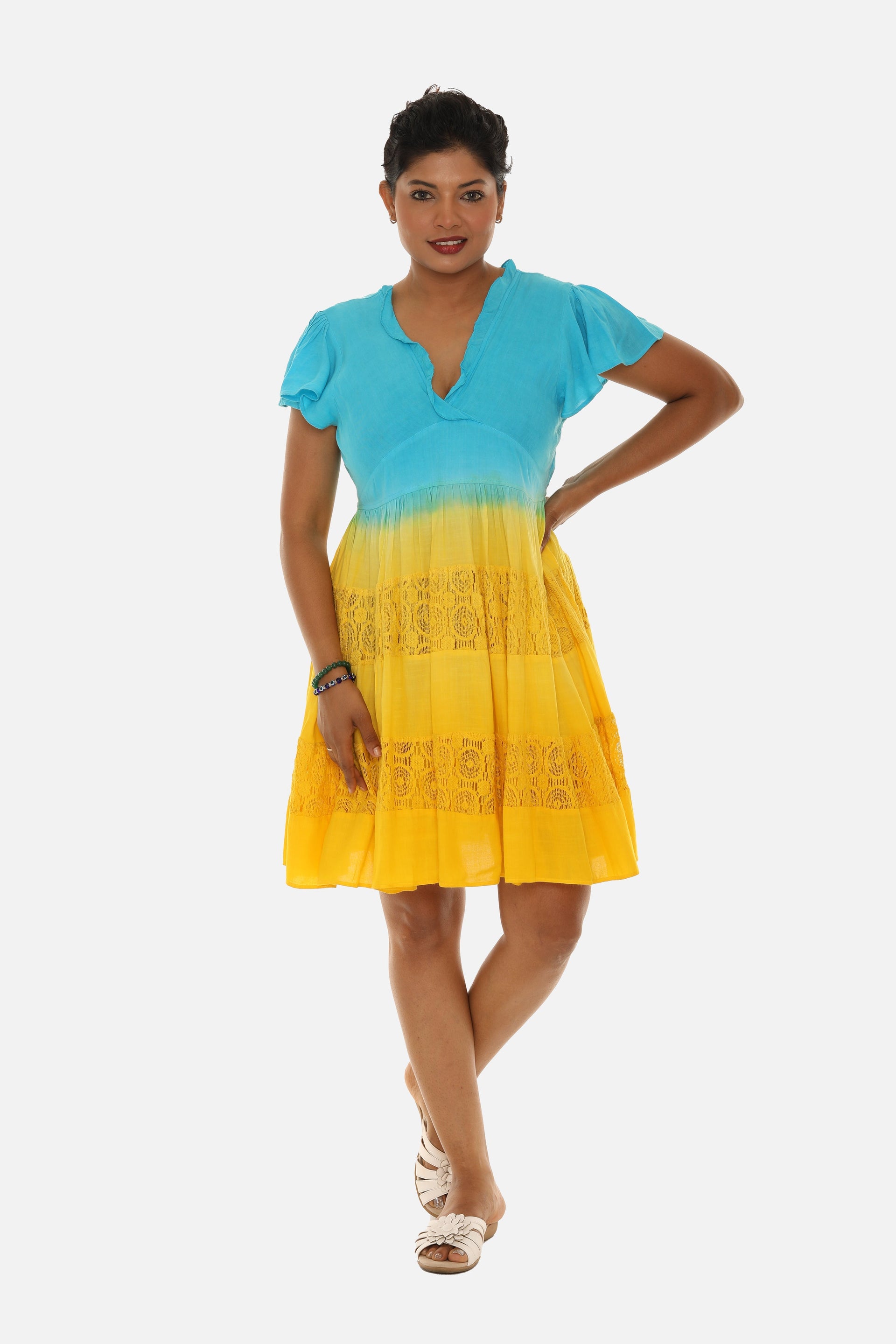 flutter sleeve empire waist dress Ombré Lace Flutter-Sleeve Empire-Waist Dress M / YELLOW/TURQ