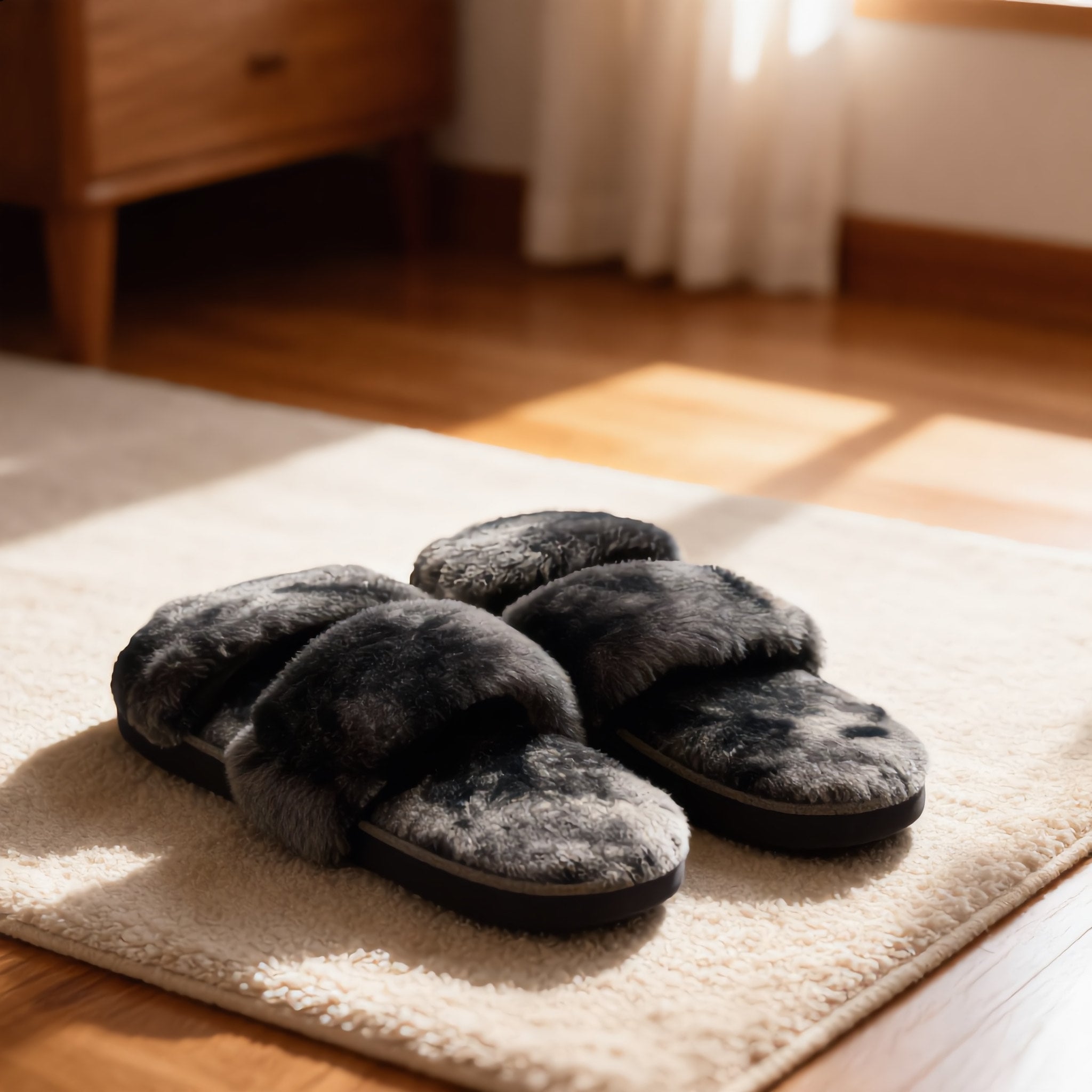 Dark Grey Fuzzy Faux Fur Slippers. - Charming Charlie