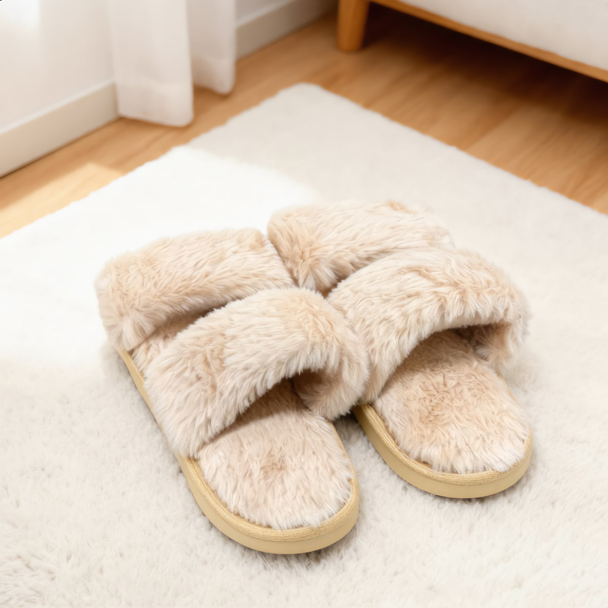 Beige Cross-Over Fluffy Slippers - Charming Charlie