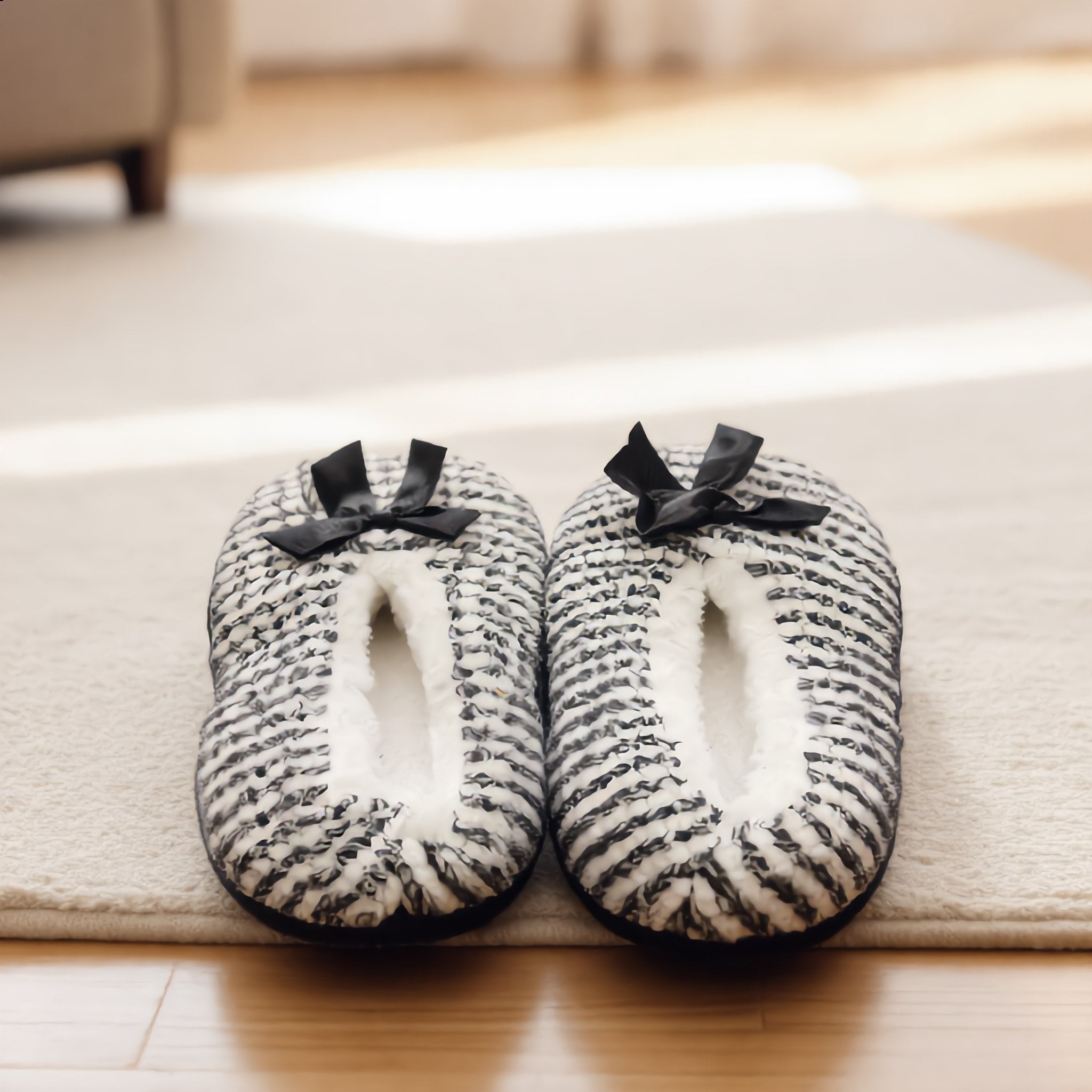 Black White Knit Bow Slippers - Charming Charlie