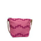 Artisan Mini Lidia Handwoven Crossbody in Pitaya style. The Pitaya pattern has a pink background with geometric wavy stripes. It has a leather crossbody strap and a dark pink tassel detail.