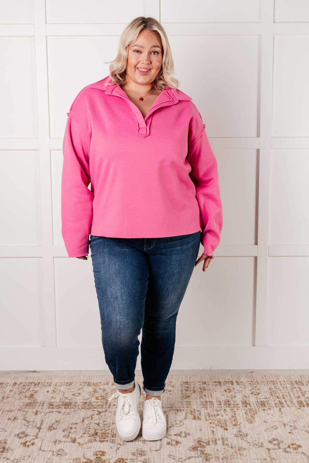 Same Ol' Situation Collared Pullover in Hot Pink - Charming Charlie