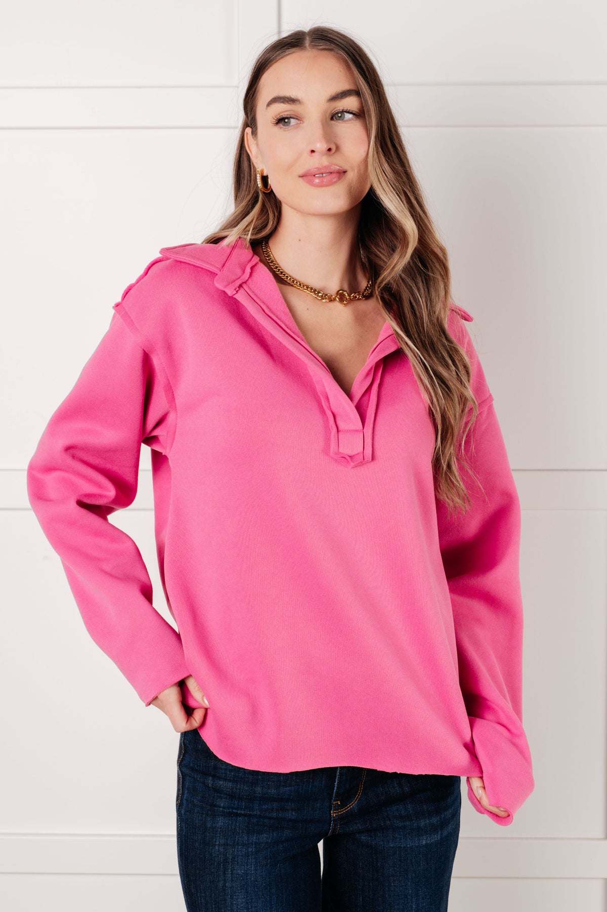 Same Ol' Situation Collared Pullover in Hot Pink - Charming Charlie