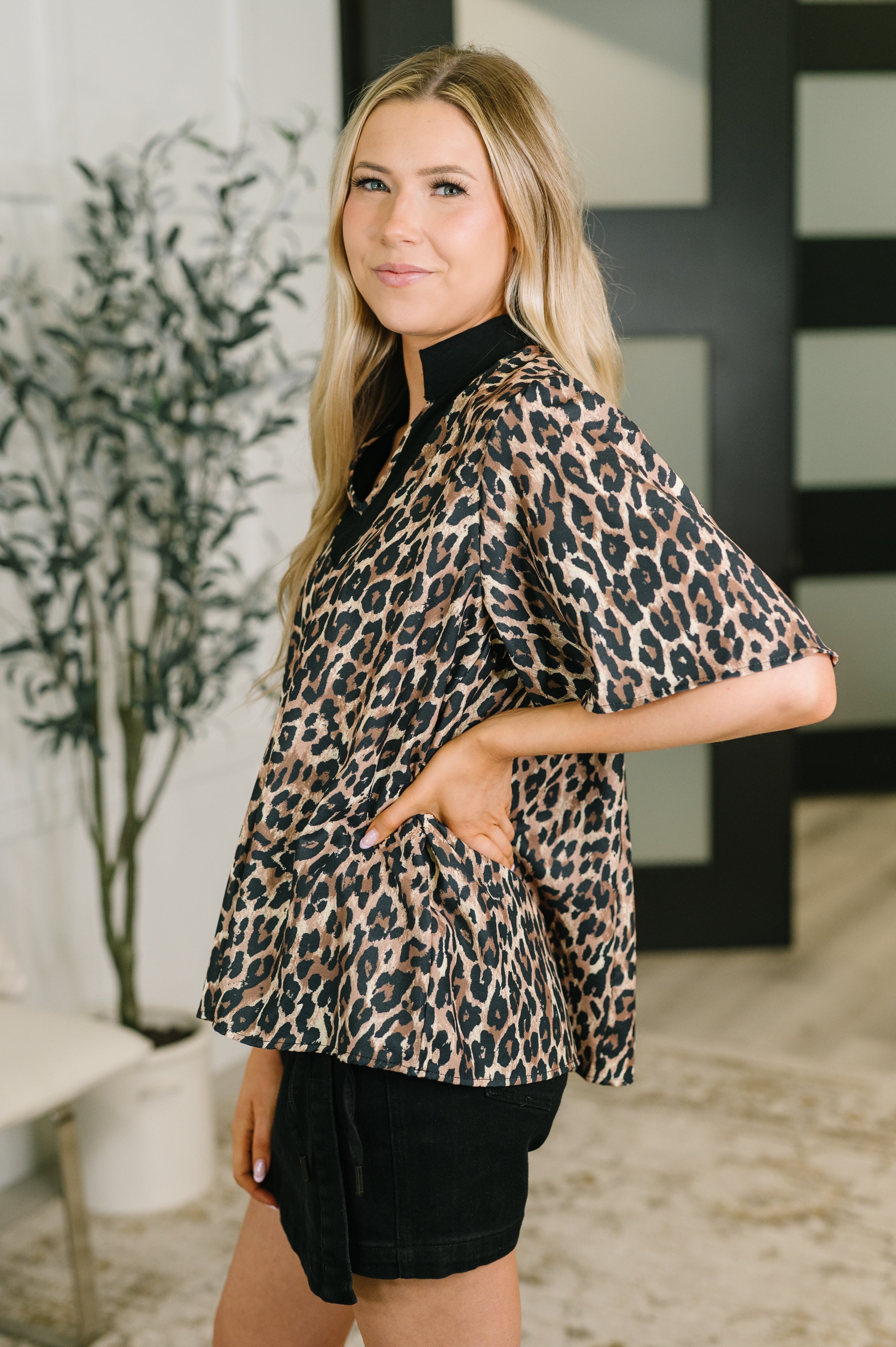 Sassy Season Split Neck Leopard Print Blouse - Charming Charlie