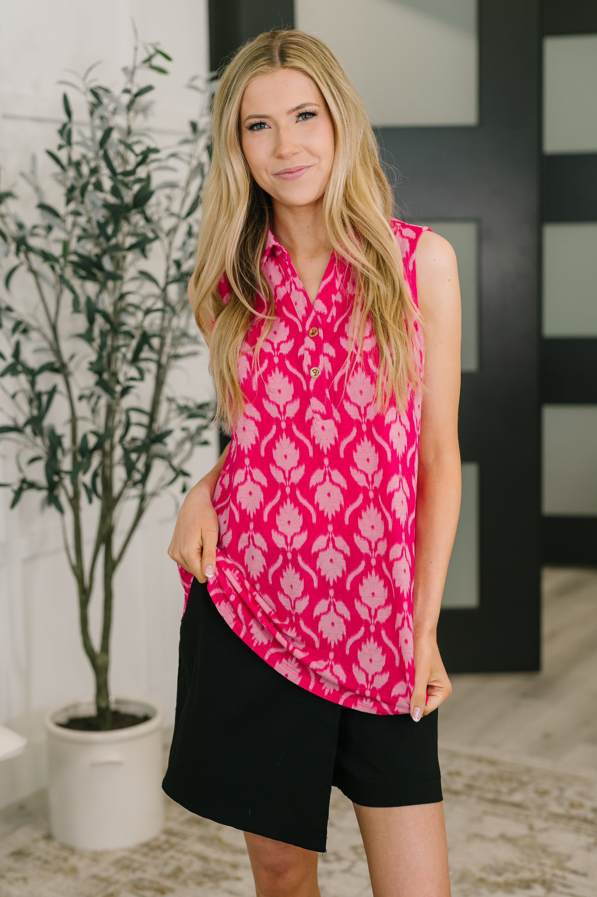 Sea Spray Collared Sleeveless Top in Floral Ikat - Charming Charlie