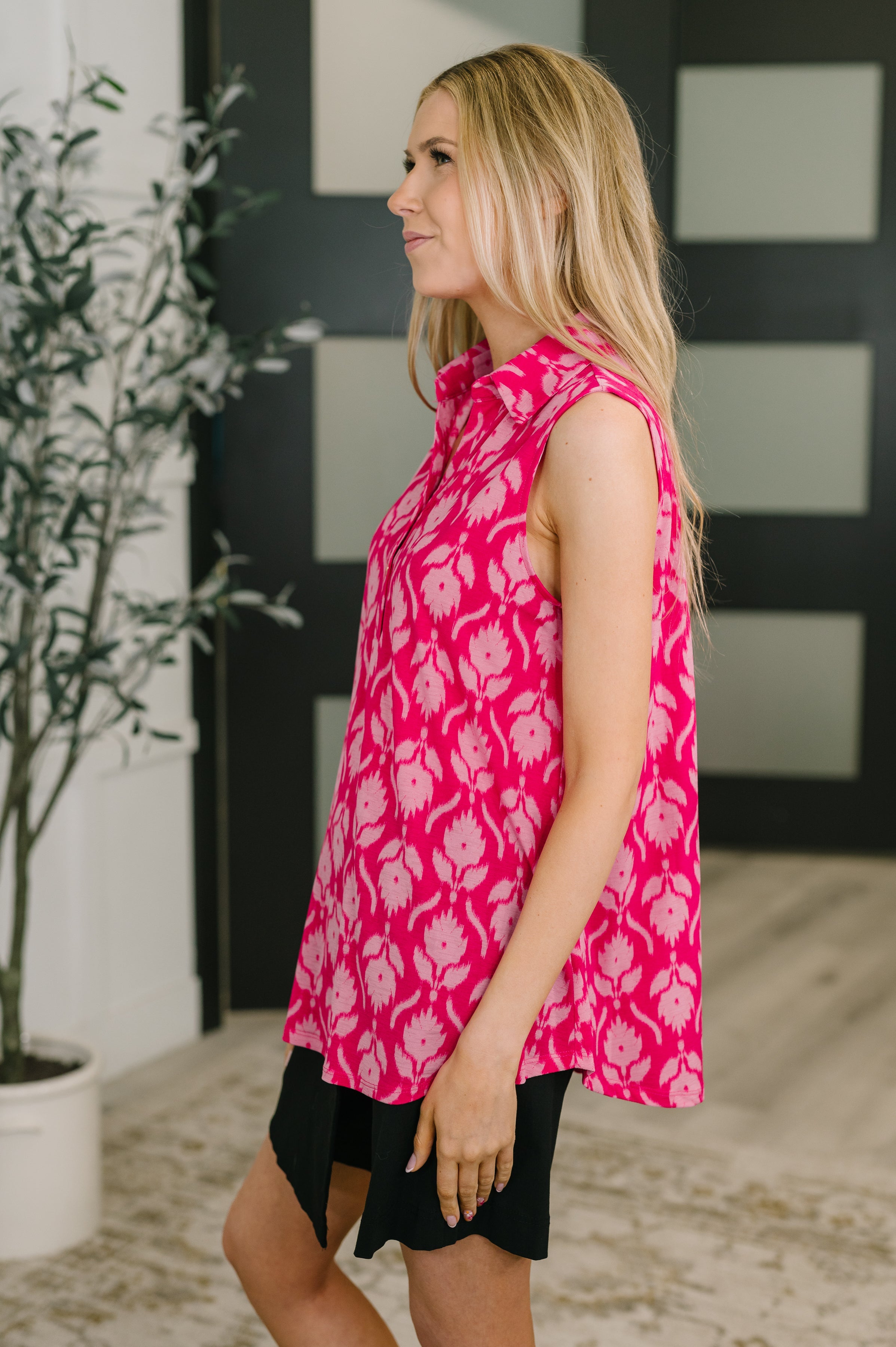 Sea Spray Collared Sleeveless Top in Floral Ikat - Charming Charlie