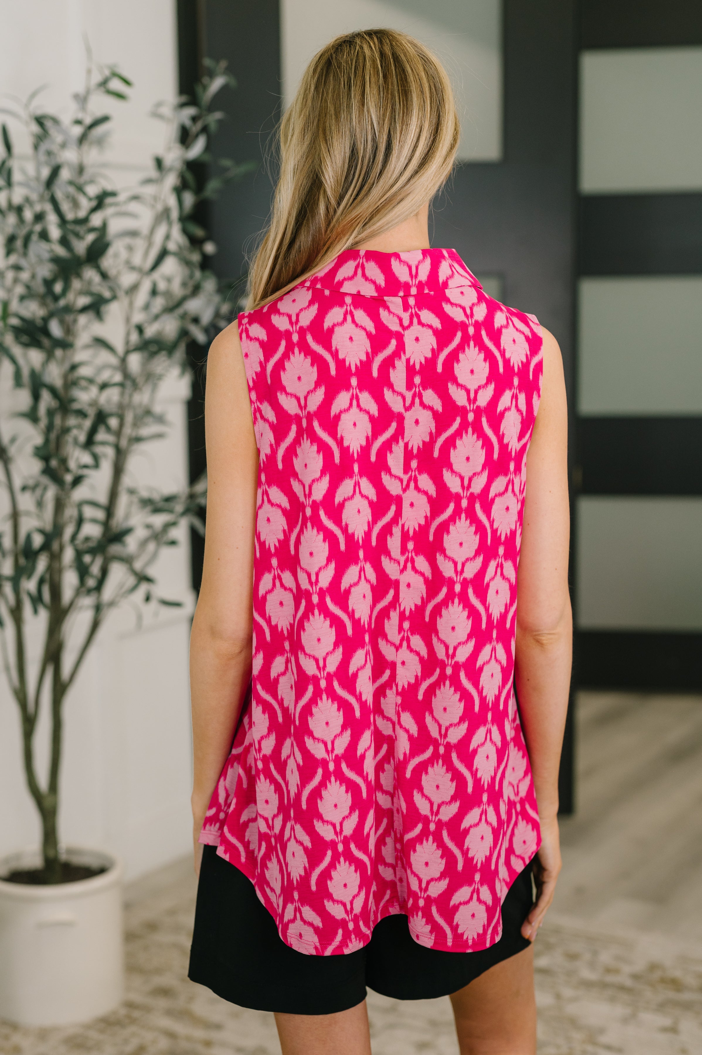 Sea Spray Collared Sleeveless Top in Floral Ikat - Charming Charlie