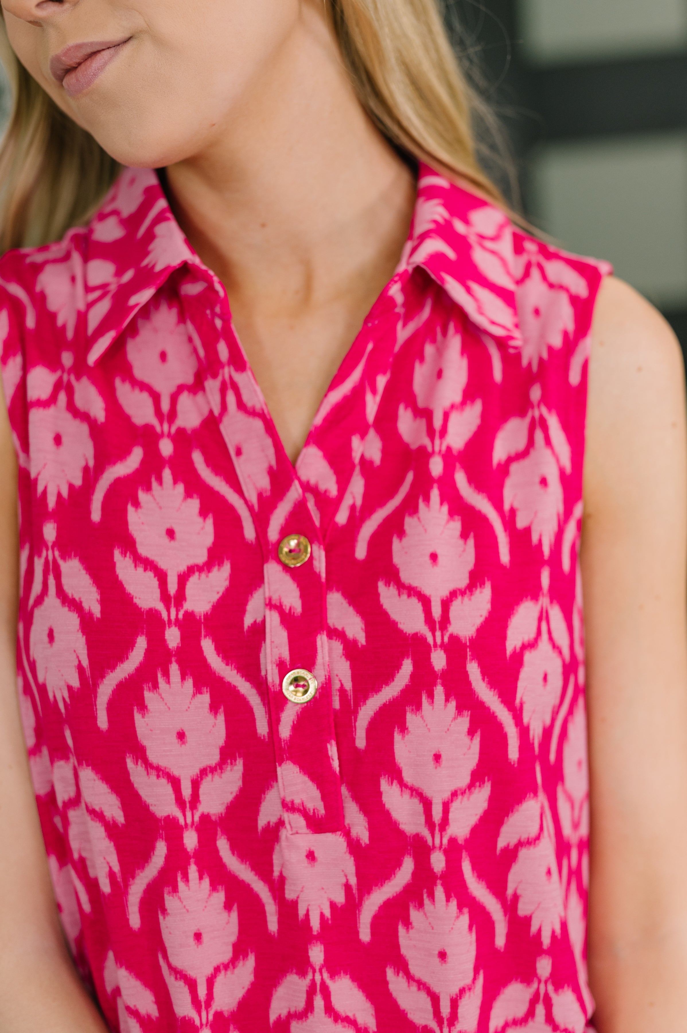Sea Spray Collared Sleeveless Top in Floral Ikat - Charming Charlie
