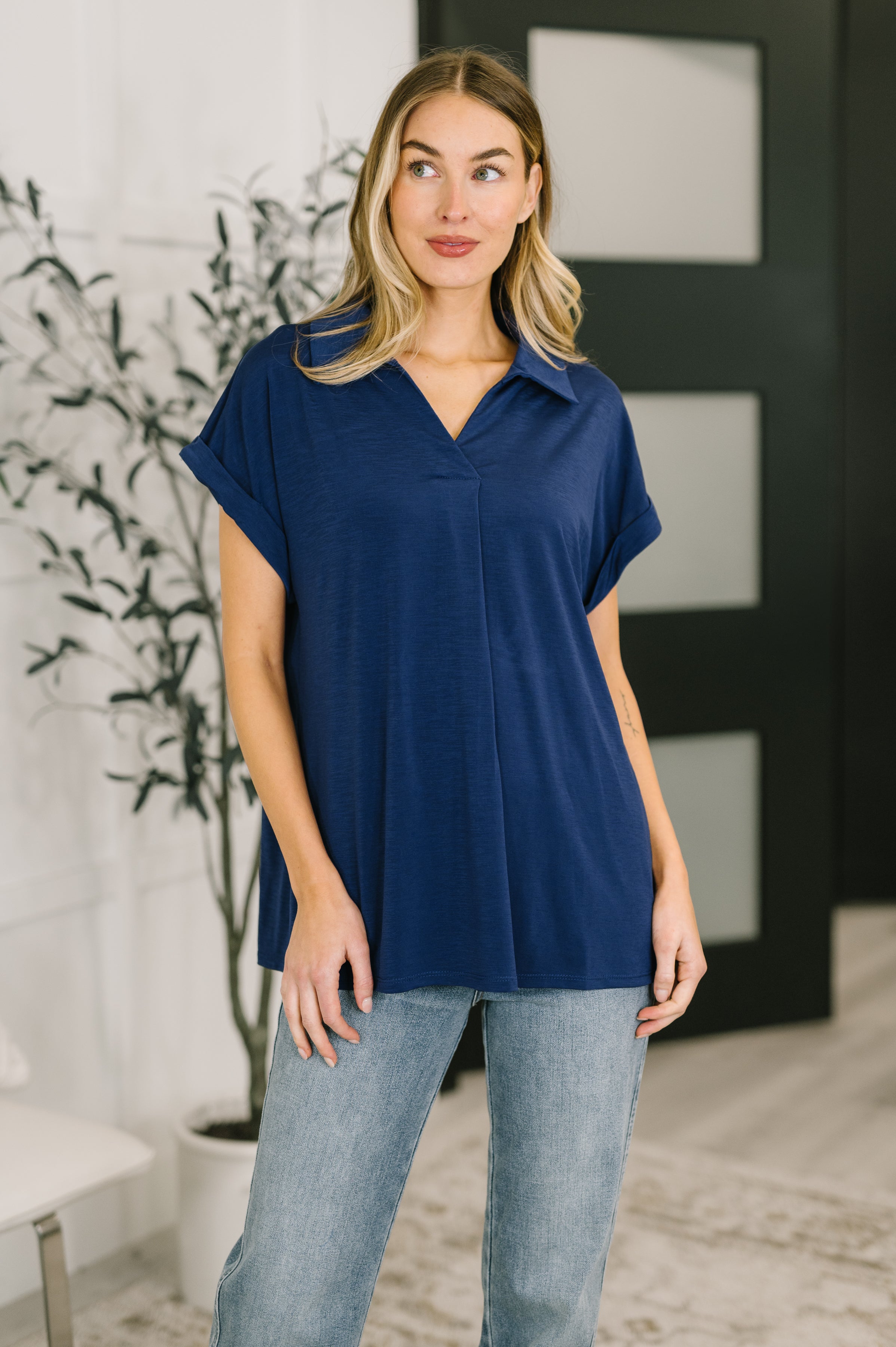 Sea You Soon Collared Top in Navy - Charming Charlie