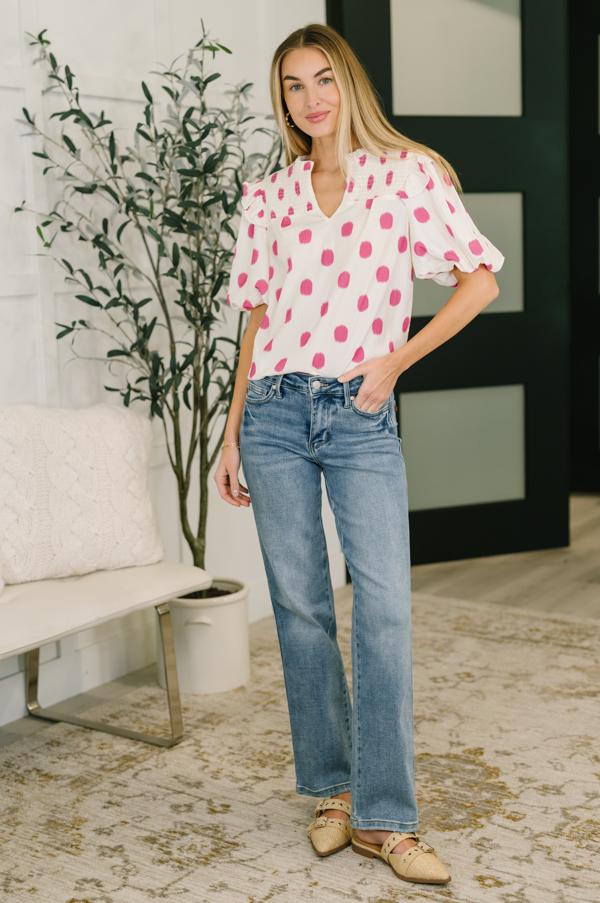 Shopping Spree Notched Neck Puff Sleeve Blouse - Charming Charlie