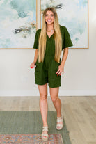 Short Sleeve V-Neck Romper in Army Green - Charming Charlie