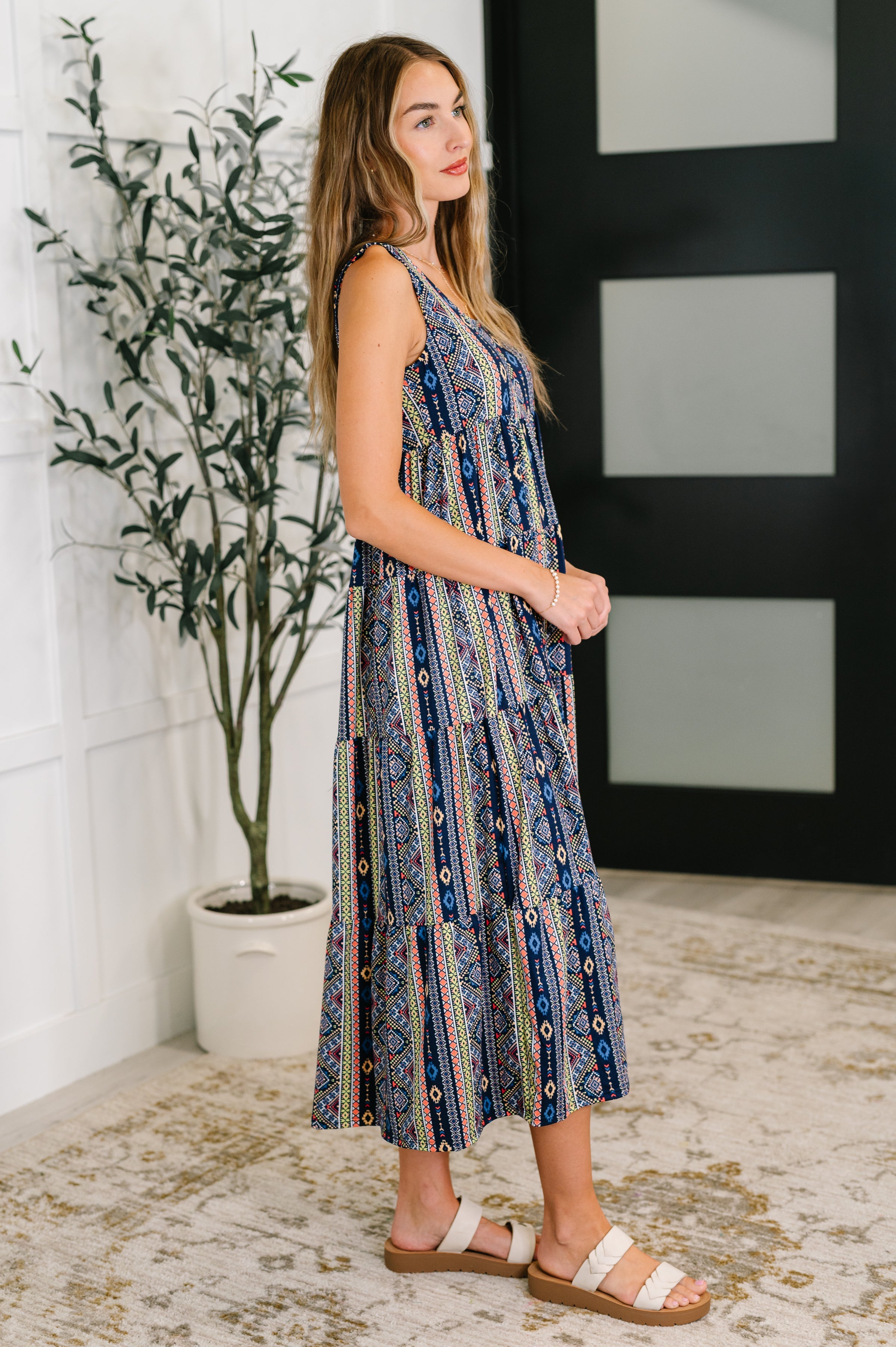 Sierra Spirit Gathered Tiered Dress in Navy - Charming Charlie