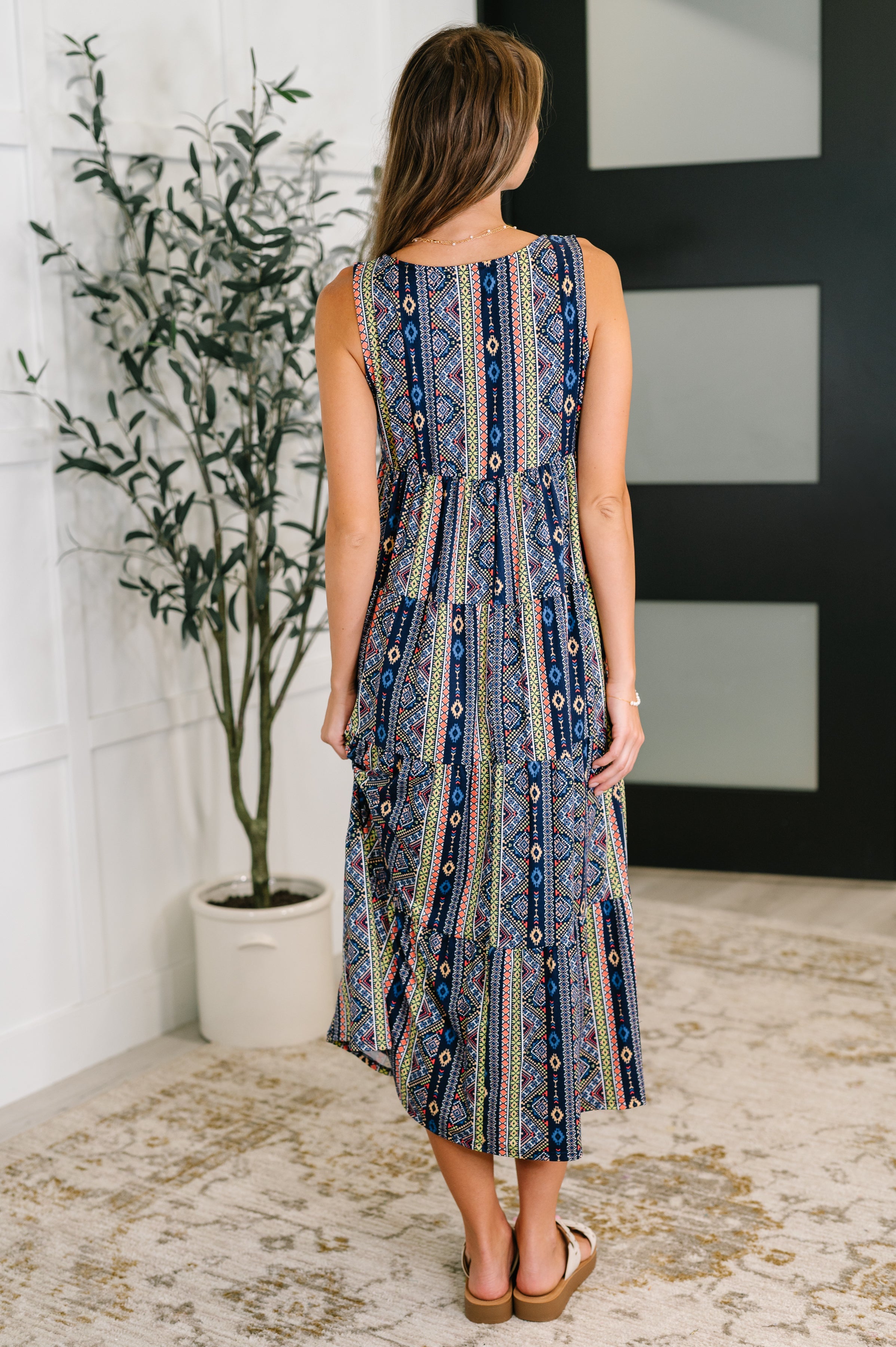 Sierra Spirit Gathered Tiered Dress in Navy - Charming Charlie