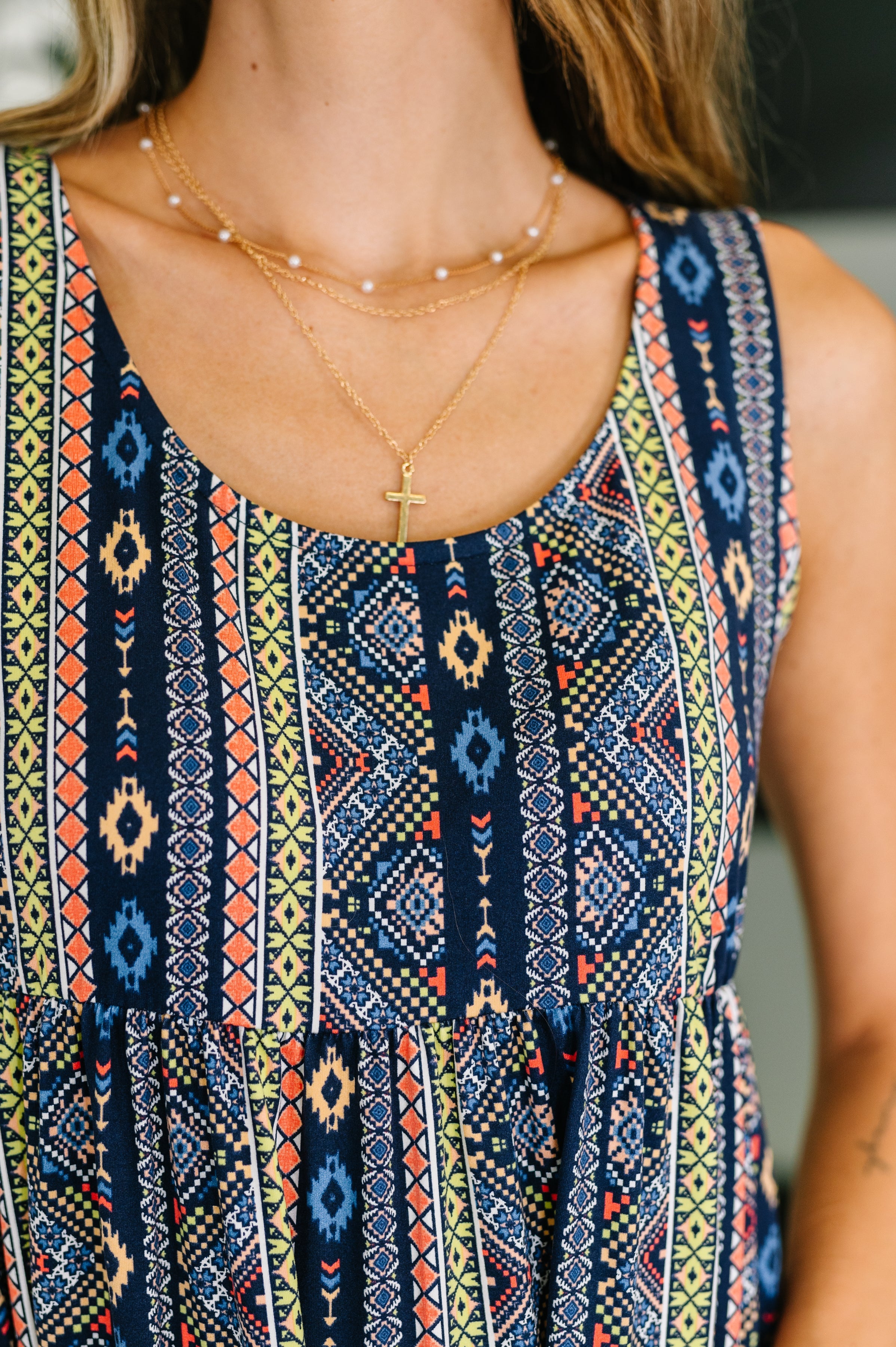 Sierra Spirit Gathered Tiered Dress in Navy - Charming Charlie