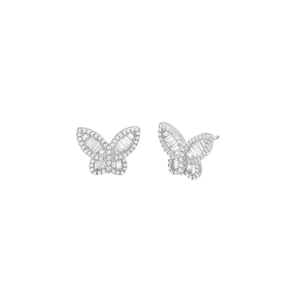 Silver / Pair Pavé X Baguette Butterfly Stud Earring - Adina's Jewels