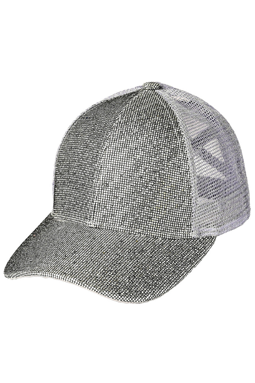 Silver C.C Criss Cross Glitter Mesh Baseball Cap combines style and functionality with its glitter mesh design. With its crisscross pattern, it adds a touch of trendy flair to any outfit. The lightweight material provides breathability and the adjustable strap ensures a comfortable fit. A must-have for any fashion-forward individual.