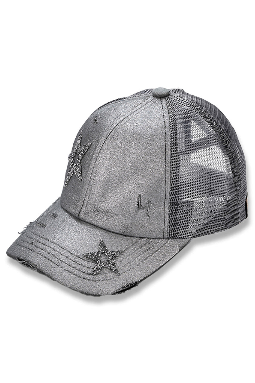 Silver C.C Hand Spray Glitter Star Trucker Hat Pony Cap adds a touch of sparkle to any outfit. With its hand-sprayed glitter design and star embellishments, this hat is sure to catch the eye. Not only stylish, but it also provides protection from the sun with its trucker-style design. Perfect for adding some fun and flair to any look.