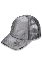 Silver C.C Hand Spray Glitter Star Trucker Hat Pony Cap adds a touch of sparkle to any outfit. With its hand-sprayed glitter design and star embellishments, this hat is sure to catch the eye. Not only stylish, but it also provides protection from the sun with its trucker-style design. Perfect for adding some fun and flair to any look.