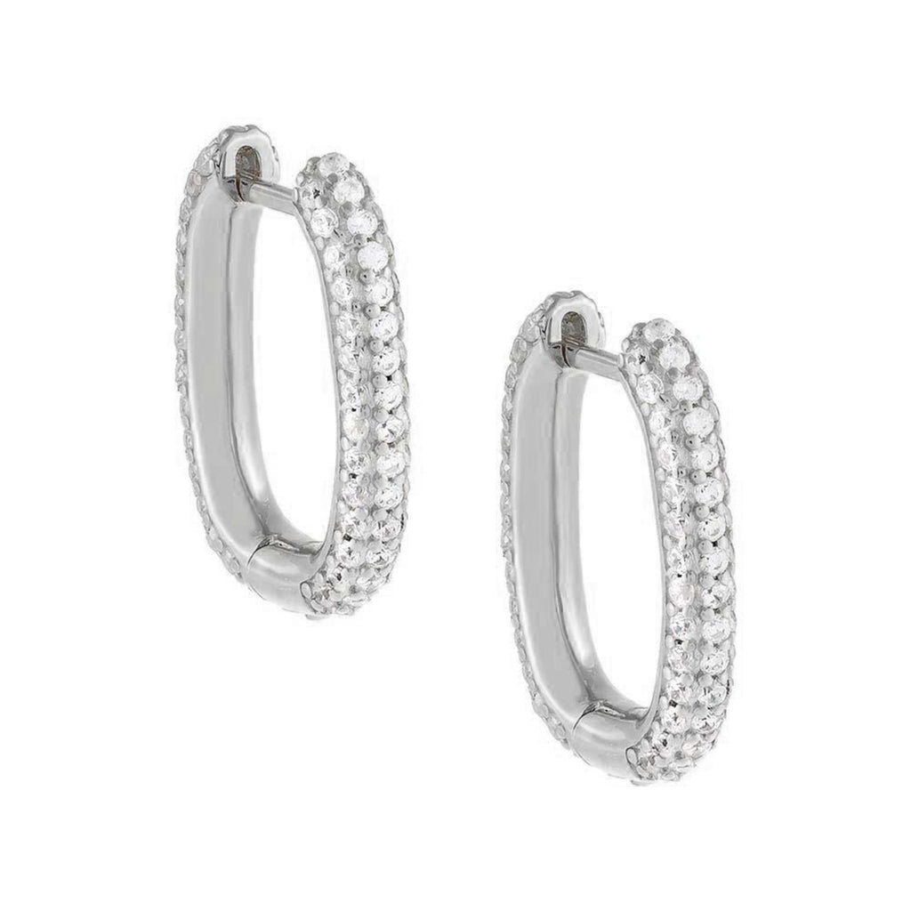 Silver / 17MM Pavé Oval Huggie Earring - Adina's Jewels