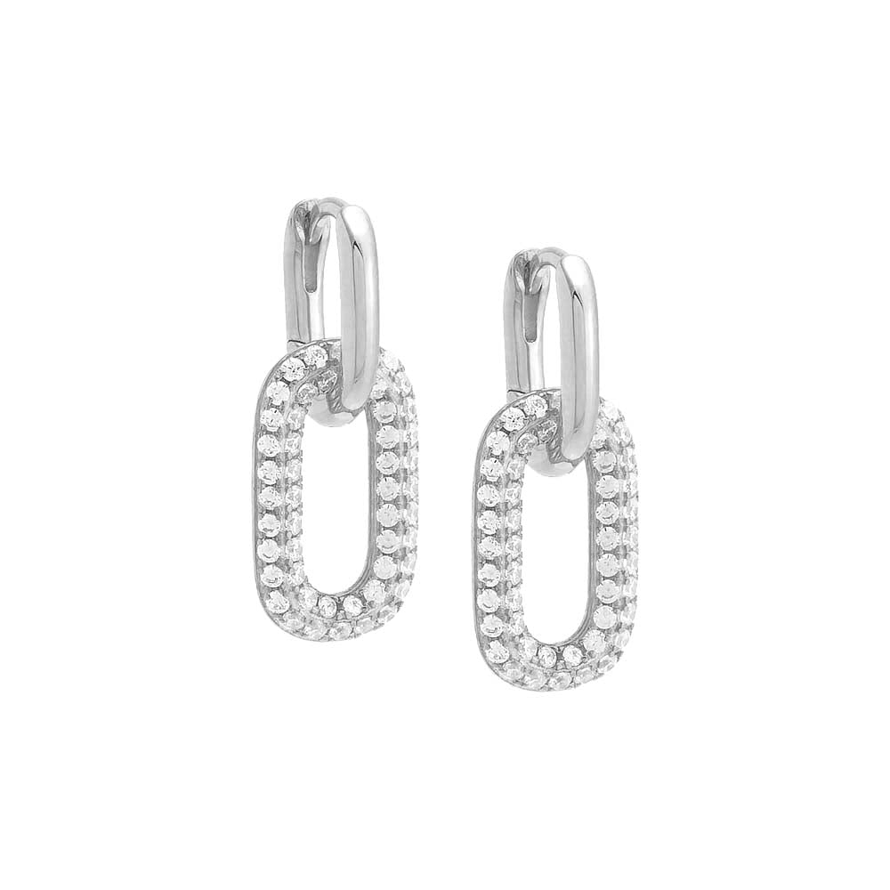 Silver / Pair Pavé Oval Shaped Drop Huggie Earring - Adina's Jewels